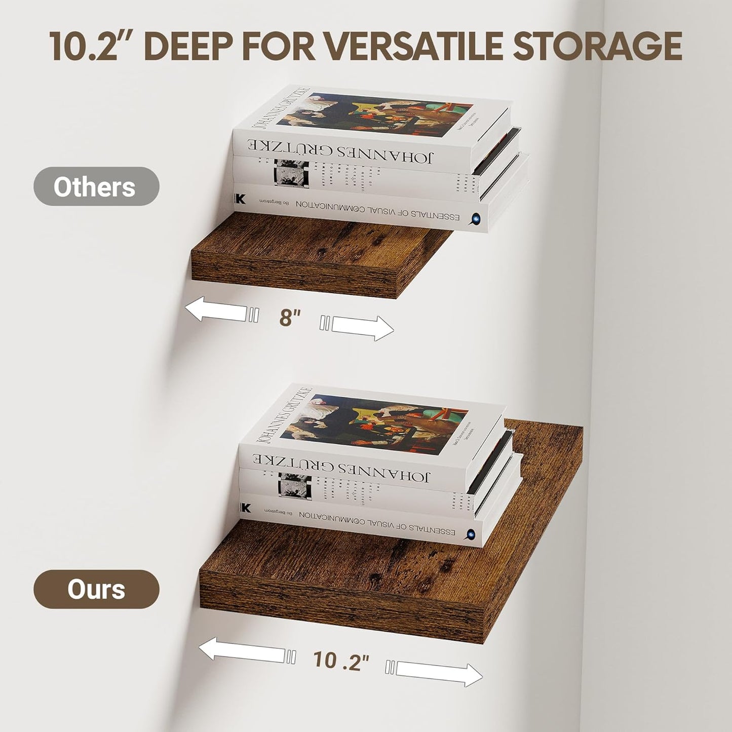 Vivelove 10 Inch Deep Floating Shelves - Set of 2 Rustic Brown Wall Shelves with Invisible Brackets for Home Decor