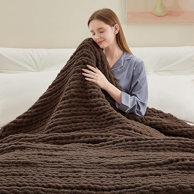 Negwoo Chunky Knit Throw Blanket, 80''*90'' Knitted Throw Chenille Yarn for Bed Couch, Handmade Dark Brown Crochet Big Thick Blanket, Machine Washable Cute Comfy Blanket for Home Decor