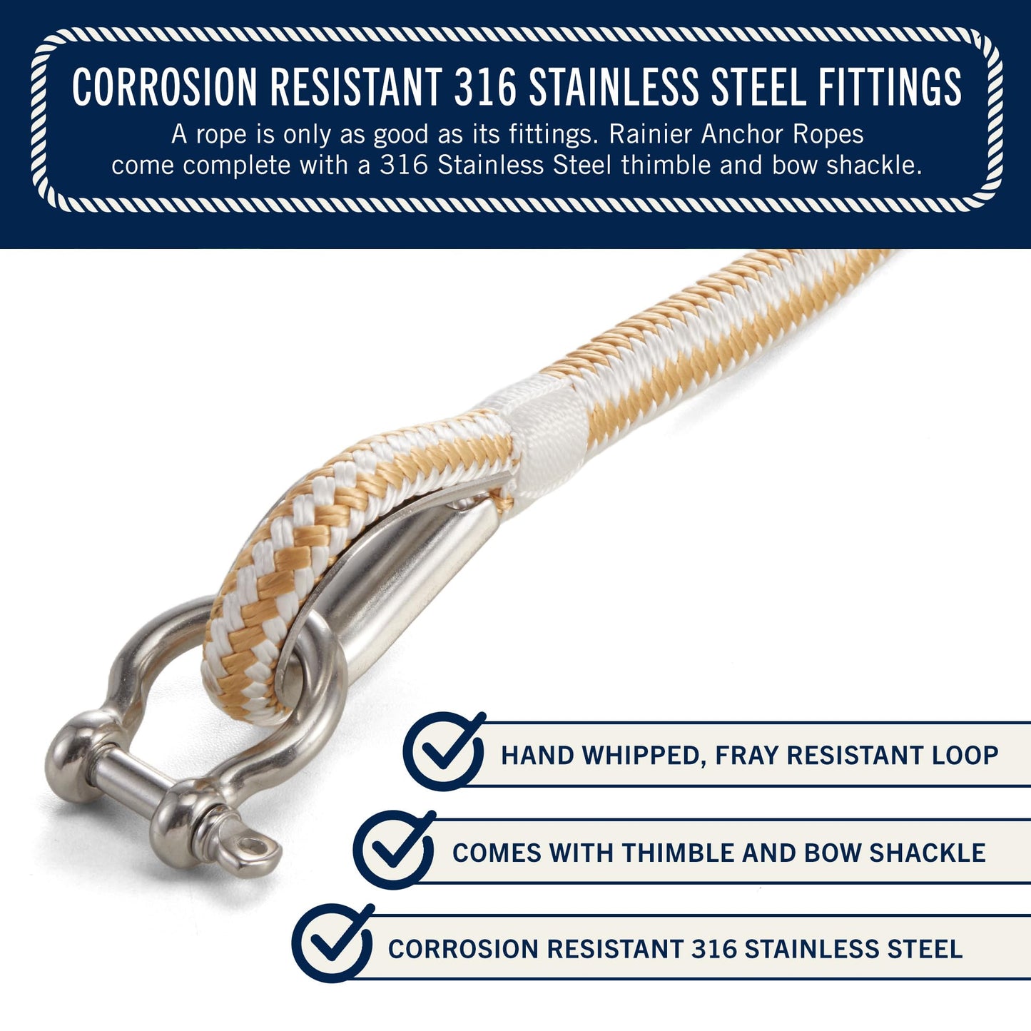 RainierSupplyCo Boat Anchor Rope - Double Braided Marine Rope Anchor Line - 100 ft x 3/8 Inch Nylon Boating Line with 316 Stainless Steel Thimble and Heavy Duty Marine Grade Bow Shackle - White/Gold