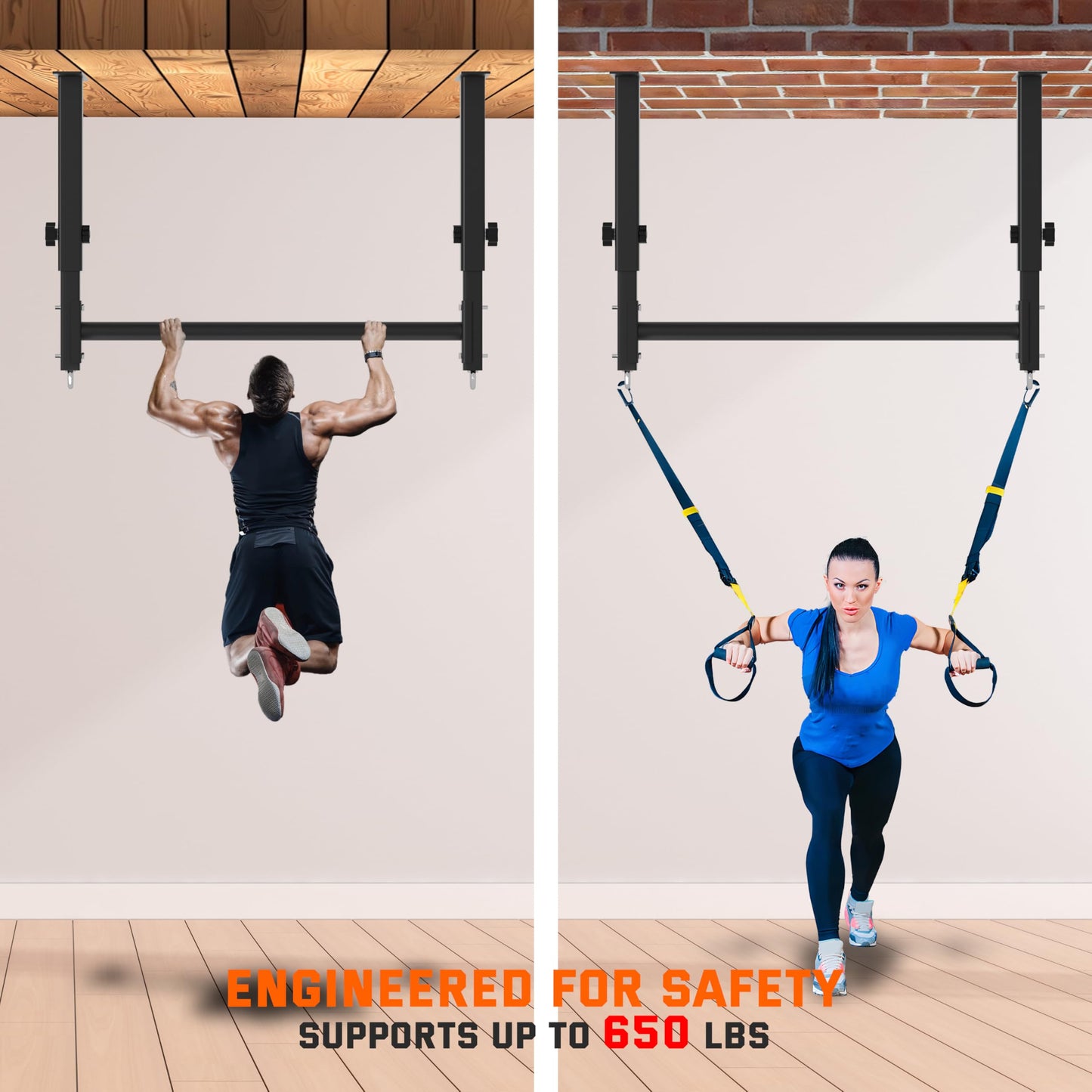 HWOOUSA 48" Ceiling Mount Pull Up Bar, Heavy Duty Multi-Grip Rafter Chin Up Bar for Garage/Basement/Backyard Ceiling Beam, Adjustable Height&Supports to 650 Lbs
