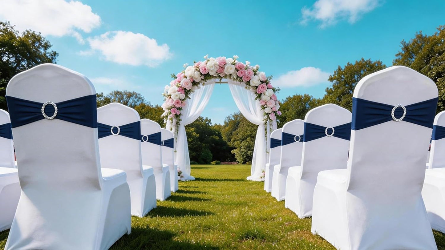 Skiennix Navy Blue Chair Sashes - 100 Pack Spandex Chair Bands with Buckles for Weddings & Events