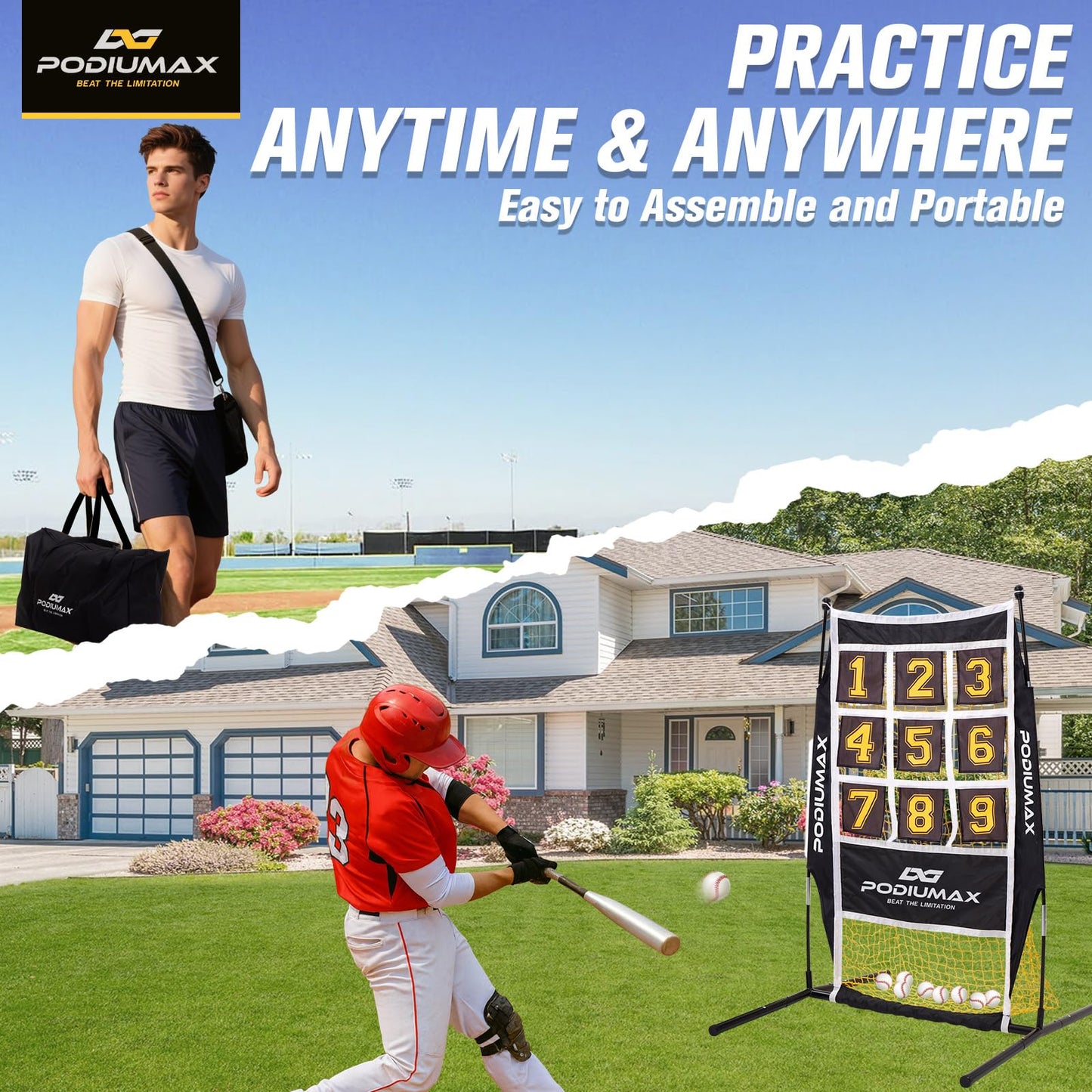 PodiuMax Baseball & Softball Pitching Net, 9 Hole Target Net with Strike Zone, Large Ball Collection System, Solo Practice for Backyard Park Field, Portable Baseball Throwing Trainer with Carry Bag