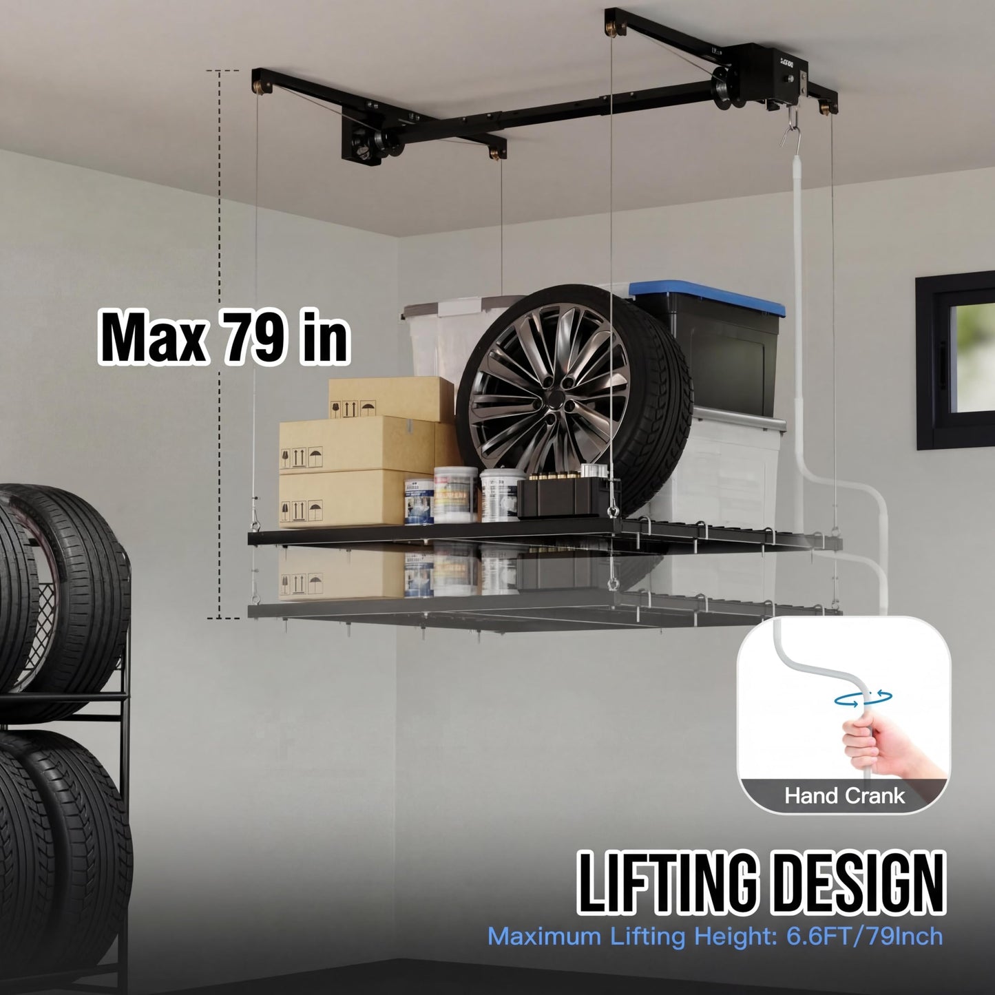 GarveeTech 4x4 ft Overhead Garage Storage Rack, Adjustable Heavy Duty Hanging Garage Ceiling Storage Rack System, 300 Lbs Weight Capacity