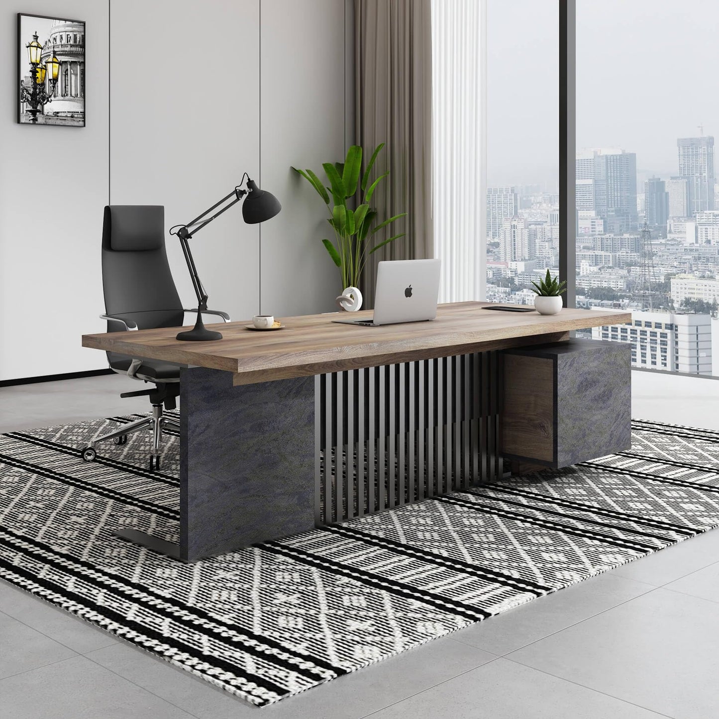 SAINTCY L-Shaped Executive Desk, Industrial Office Desk with Drawer & Cabinet, Large Wood Desktop, Unique Stainless Steel Privacy Screen (Left Return, 78.74")