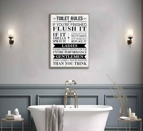 Funny Toilet Rules Quotes Canvas Wall Art - Black & White Humor for Eclectic Bathroom Decor