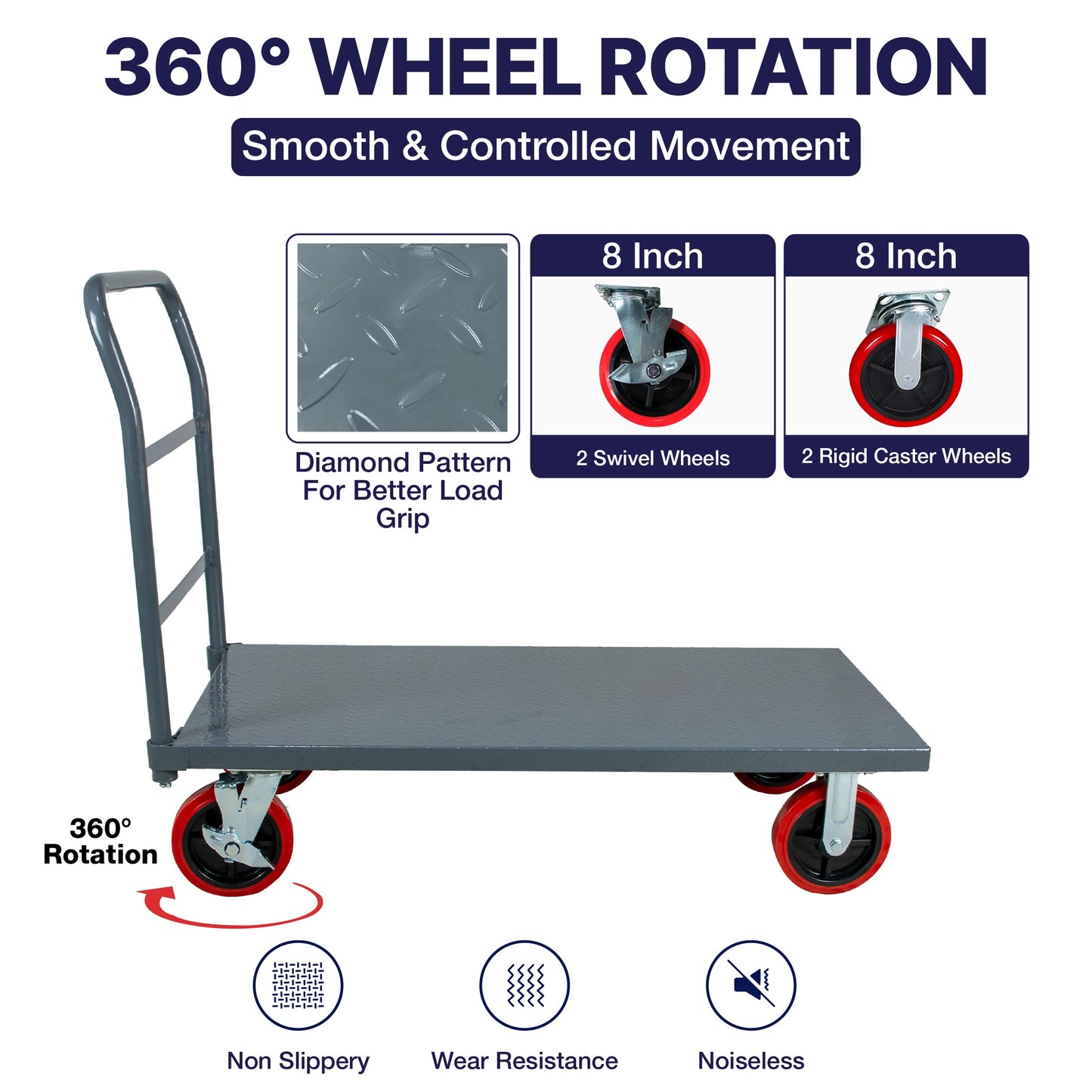 5Seconds Flatbed Platform Cart 3300LB Industrial Dolly Heavy Duty 48” x 24” Platform Hand Push Truck Super Heavy Duty Diamond Plate Flatbed Cart 8'' Swivel Wheels with Lock