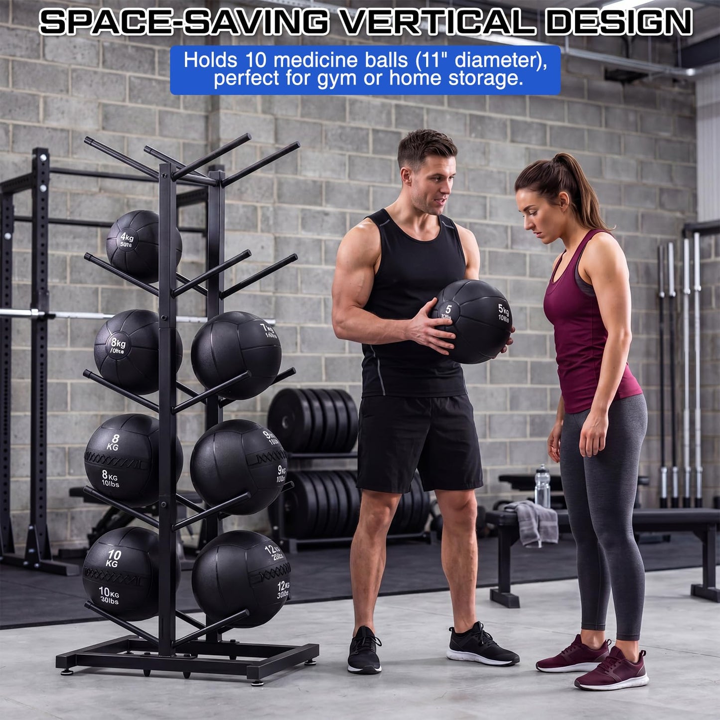 Sintuff Medicine Ball Rack Storage Metal Durable Tree Holds 10 Slam Balls up to 11 Inch Diameter Vertical Gym Organizer Stand Holder for Organized Gym Fitness Studio Commercial Equipment Storage Black