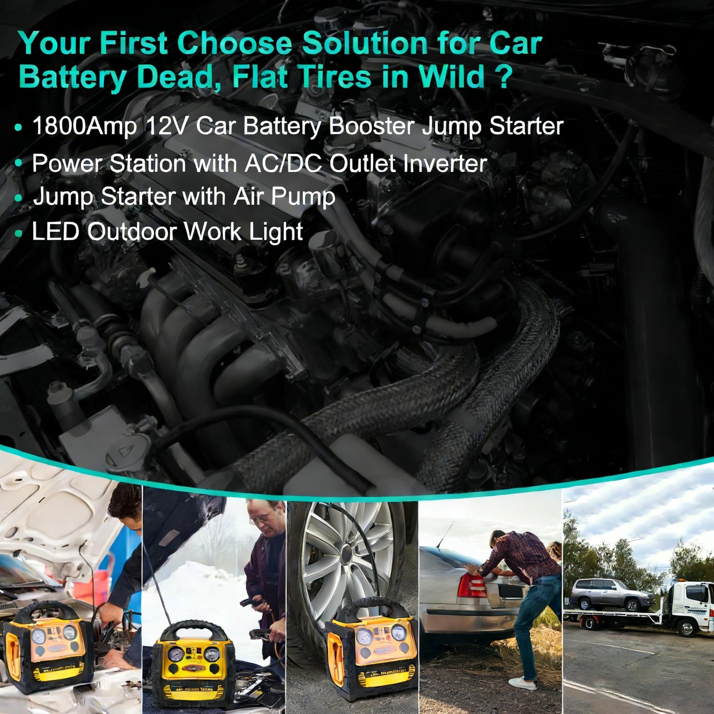 1800A Car Jump Starter with Air Compressor 150PSI,12V Portable Battery Jump Box (8.0L Gas/6L Diesel), Battery Booster with 400W Power Station AC/DC/USB