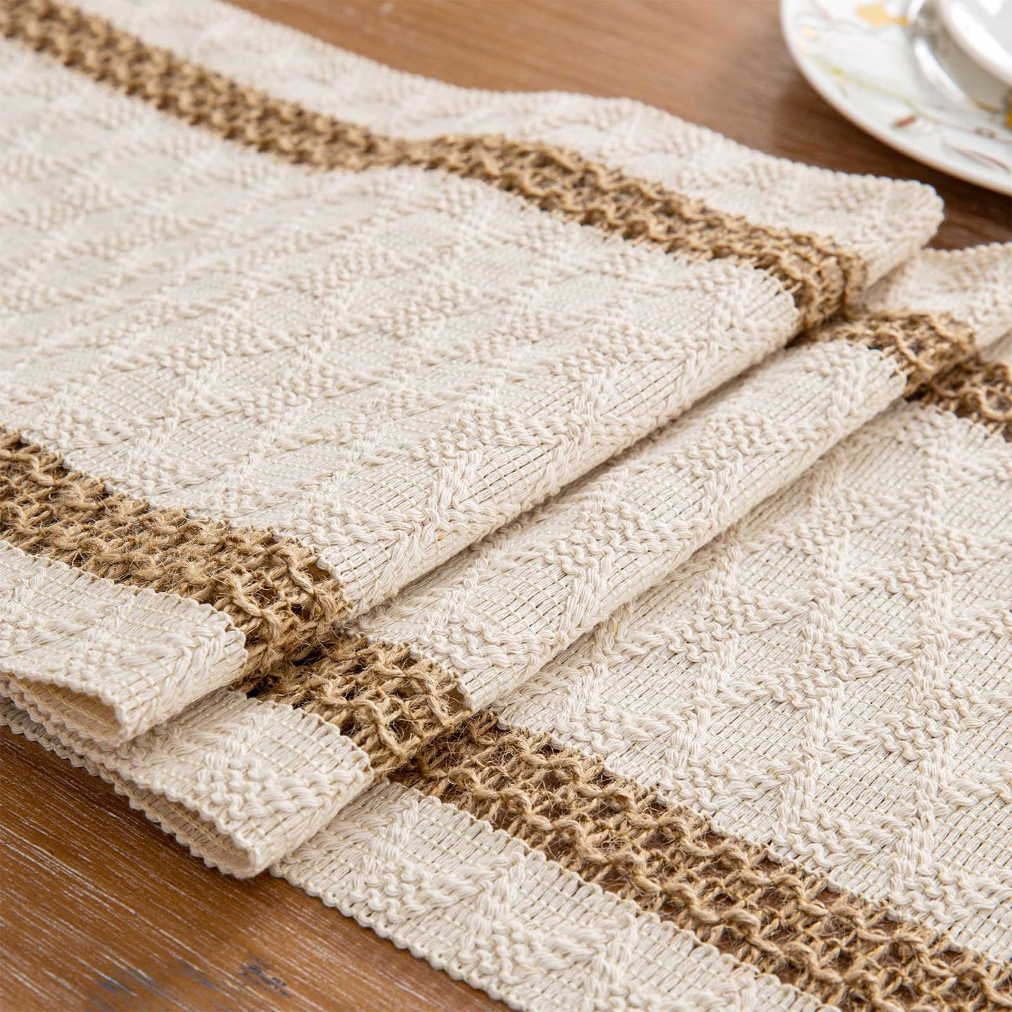 Niviy Boho Table Runner 90 Inches Long Summer Farmhouse Macrame Table Runner Cotton Linen Woven Table Runners for Fall Dining Table Home Baby Bridal Shower Decor , Beige & Brown