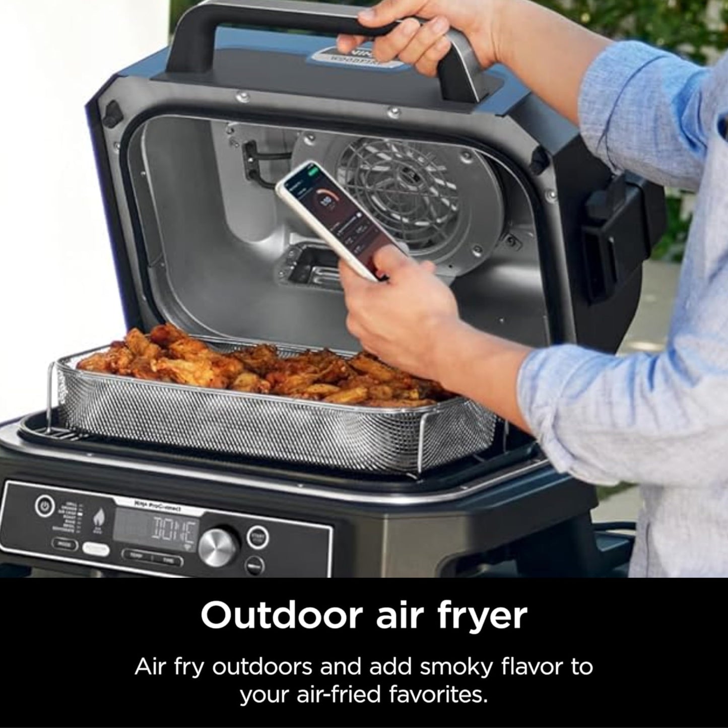 Ninja Woodfire Pro Connect XL Outdoor Grill & Smoker | Bluetooth, App Enabled | 7-in-1 Grill, BBQ Smoker, Outdoor Air Fryer | Woodfire Technology | Built-In Thermometer | Blue & Gold| OG951BL1