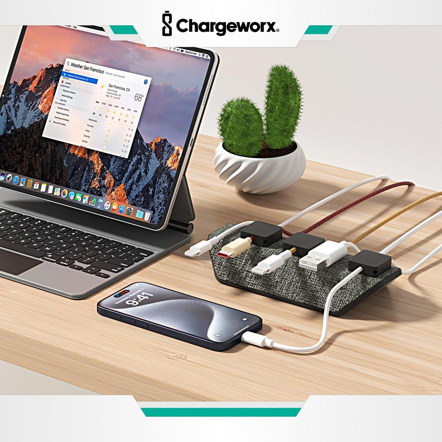 CHARGEWORX 3 Magnetic Cable Organizer Weighted Non-Adhesive Cord Holder with Magnetic Clips for USB-C, Lightning