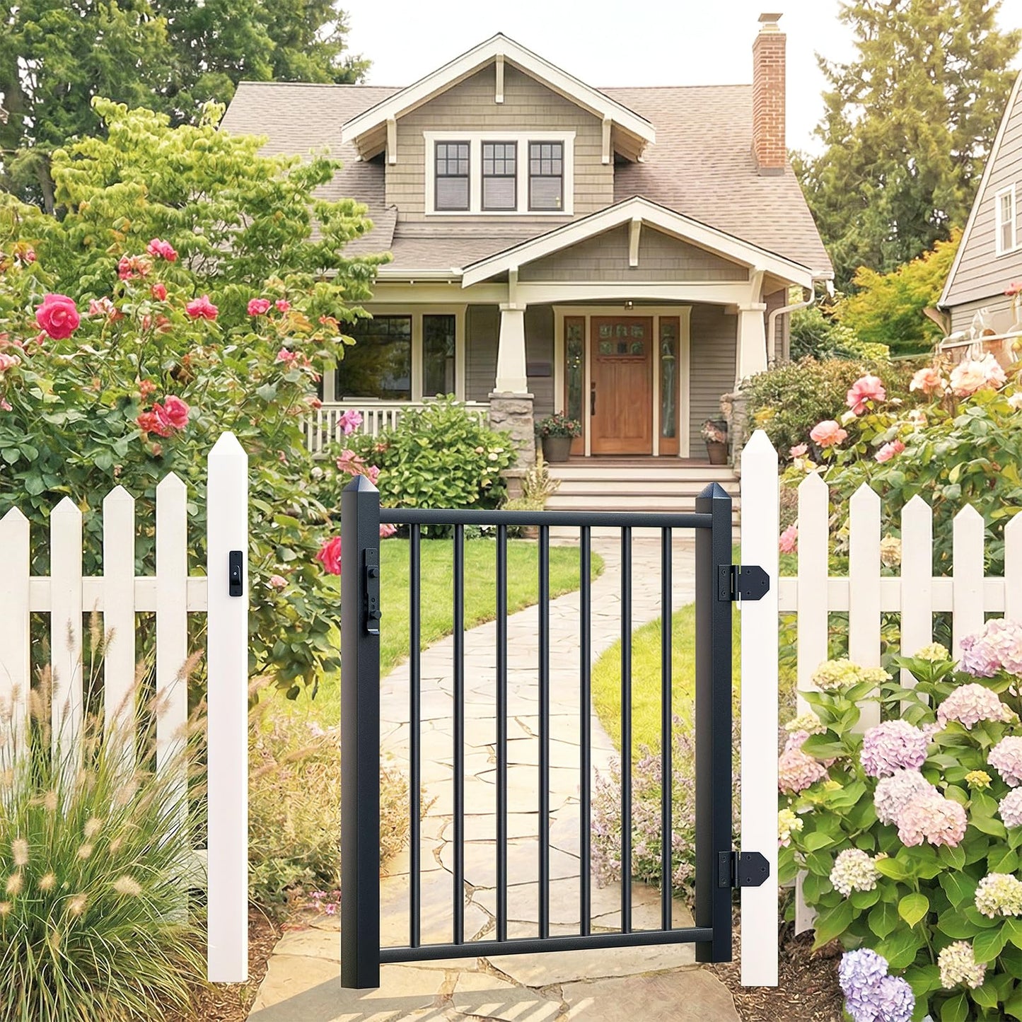 Deck Fence Gate Integrated Welding Stainless Steel Black Textured Powder-Coat Finish 36.2″Wx 36.7″H Outdoor Deck Gate with Latch for Deck, Garden, Yard, Porch, Patio (Left Hand in Swing)