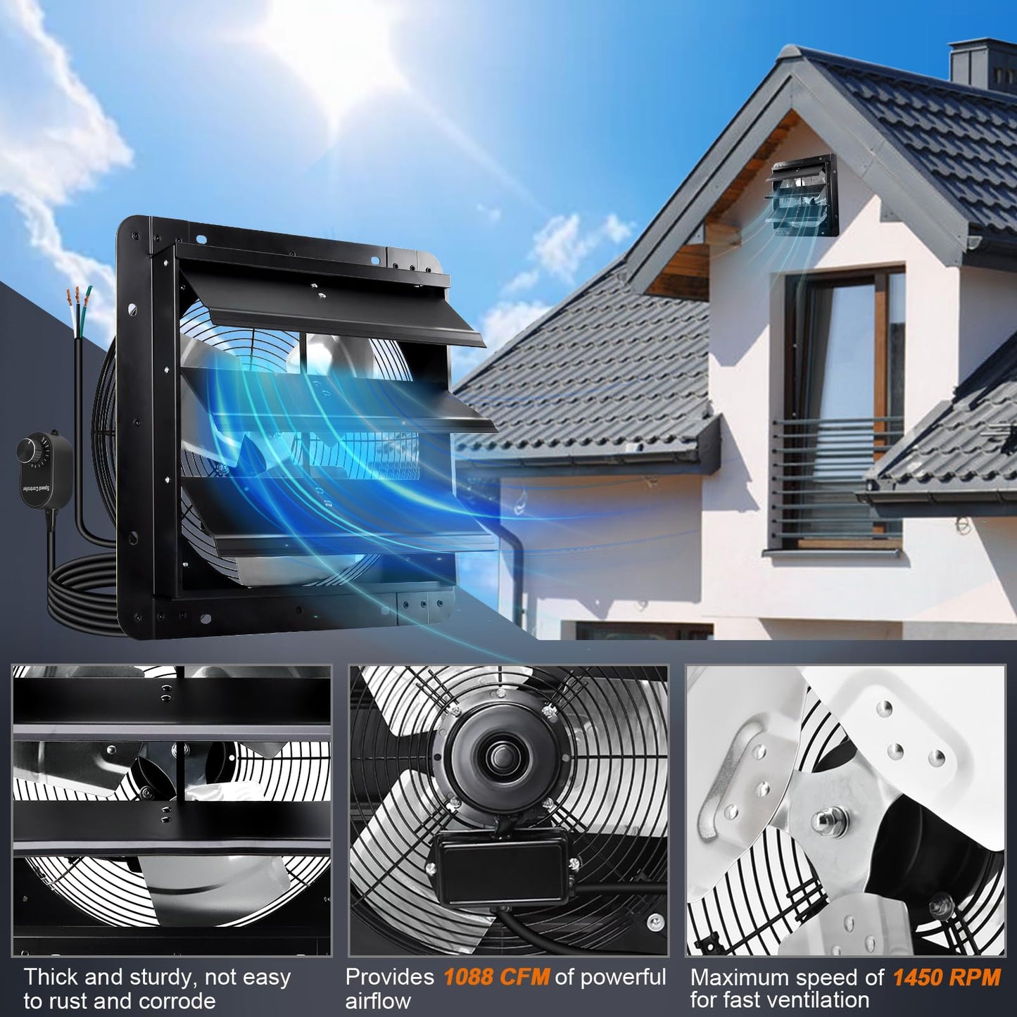 Hiorucet 14" Wall Mounted Shutter Exhaust Fan with Speed Controller and Power Cord Kit, Adjustable Temperature Thermostat with Fire Shut Off Fuse, 60HZ, 75W, Copper Motor, Automatic Shutter Attic Fan