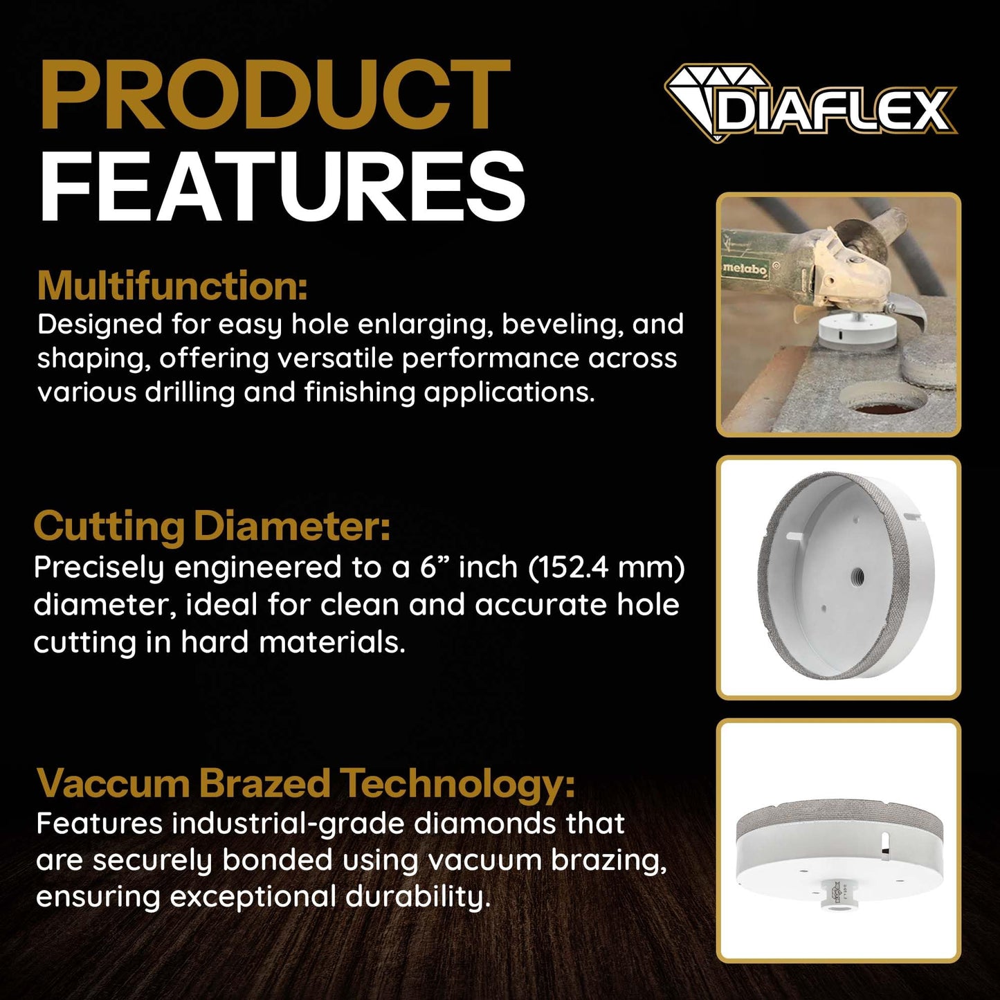 Diaflex Premium Brazed Core Bit – 6" Diamond Hole Saw for Porcelain, Ceramic, Stone, Dekton – 5/8"-11 Thread – Fast Clean Cuts – Vacuum Brazed – Wet or Dry Use