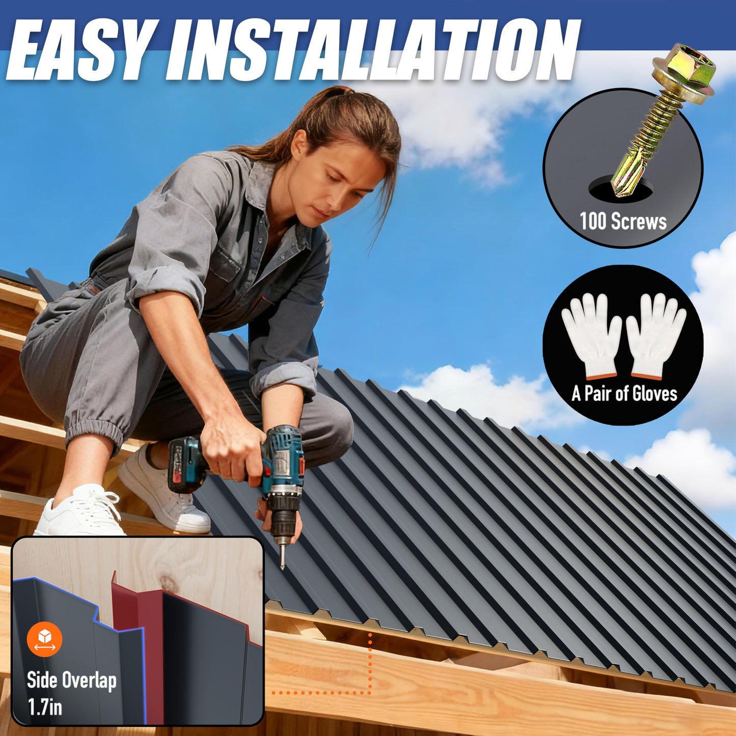 Brakki Metal Roofing Panels 20pcs 111 ft², L45.28"xW17.72" Grey Corrugated Galvanized Steel Roof Panels with Screw, Heavy Duty Metal Siding Suitable for Garages Chicken Coop Sheds Stables Patio