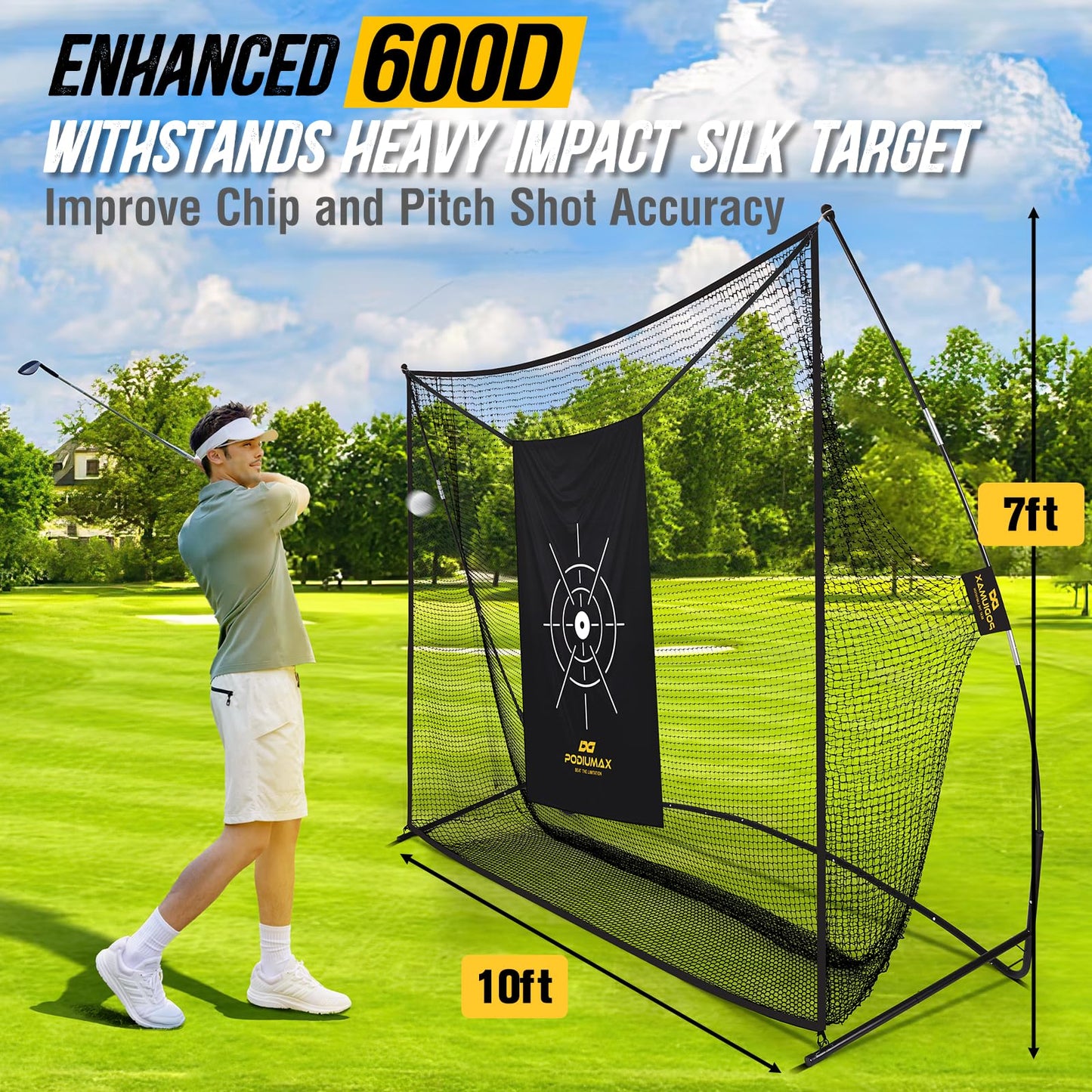 PodiuMax Golf Net, 10x7ft Golf Practice Net with Noise Reduce Silk Target Driving Real Balls, Hitting Nets for Backyard Garage, Improve Chipping Putting Pitching,Gift for Men & Golfers