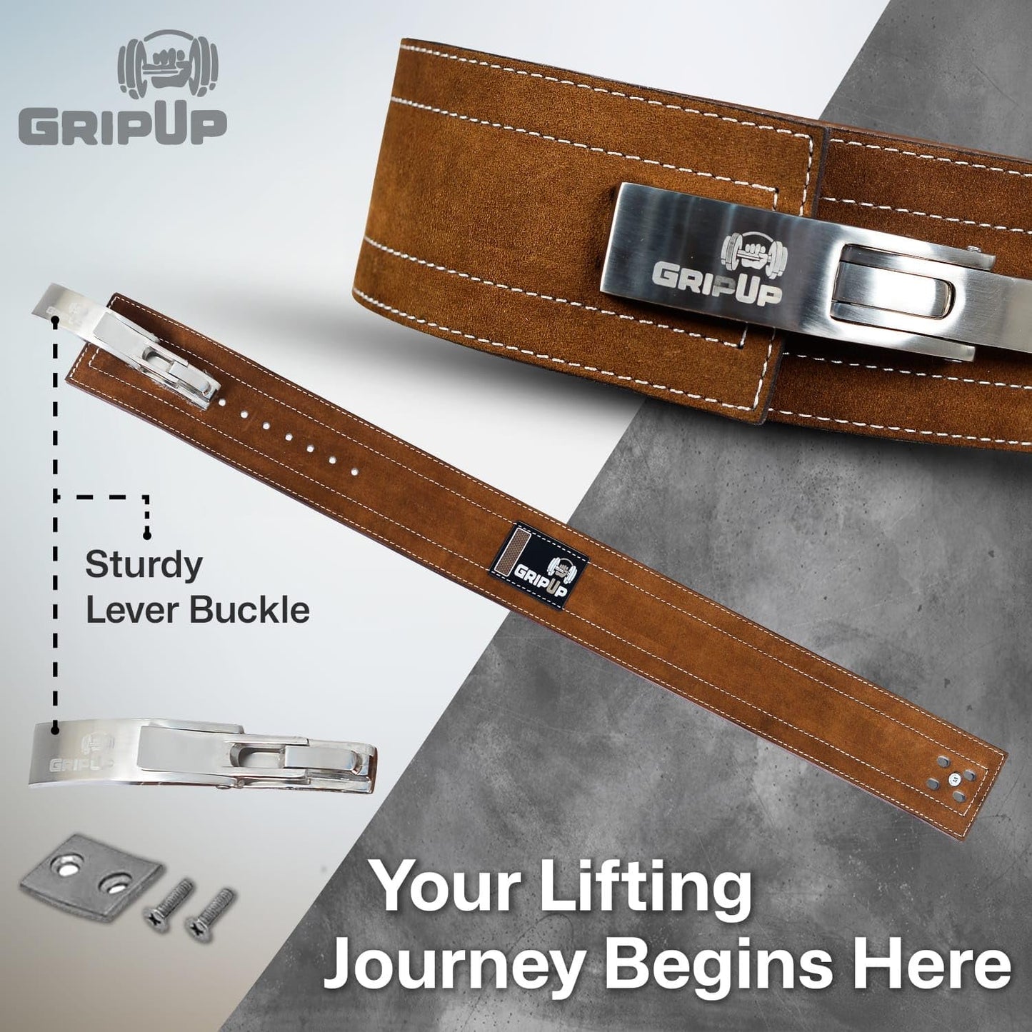 GripUp Powerlifting Belt for Weightlifting Lever Buckle Leather Gym Belt 10mm Thick 4-Inch Lumbar Back Support for Men & Women Ideal for Bodybuilding Deadlifts and Strength Training GP-005 (Brown/White, M)