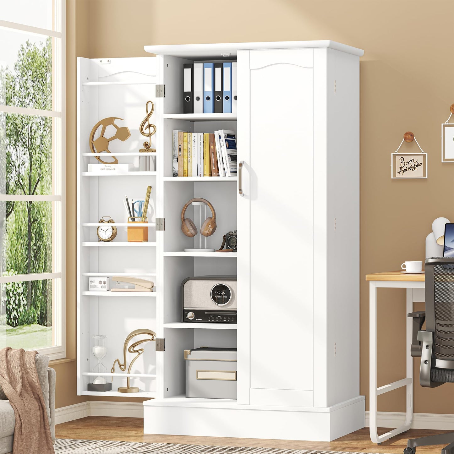 kepptory 47” Pantry Cabinet, Kitchen Pantry Storage Cabinet with Doors and Adjustable Shelves,Freestanding Buffet Cupboards Sideboard for Living Room and Dinning Room (White)
