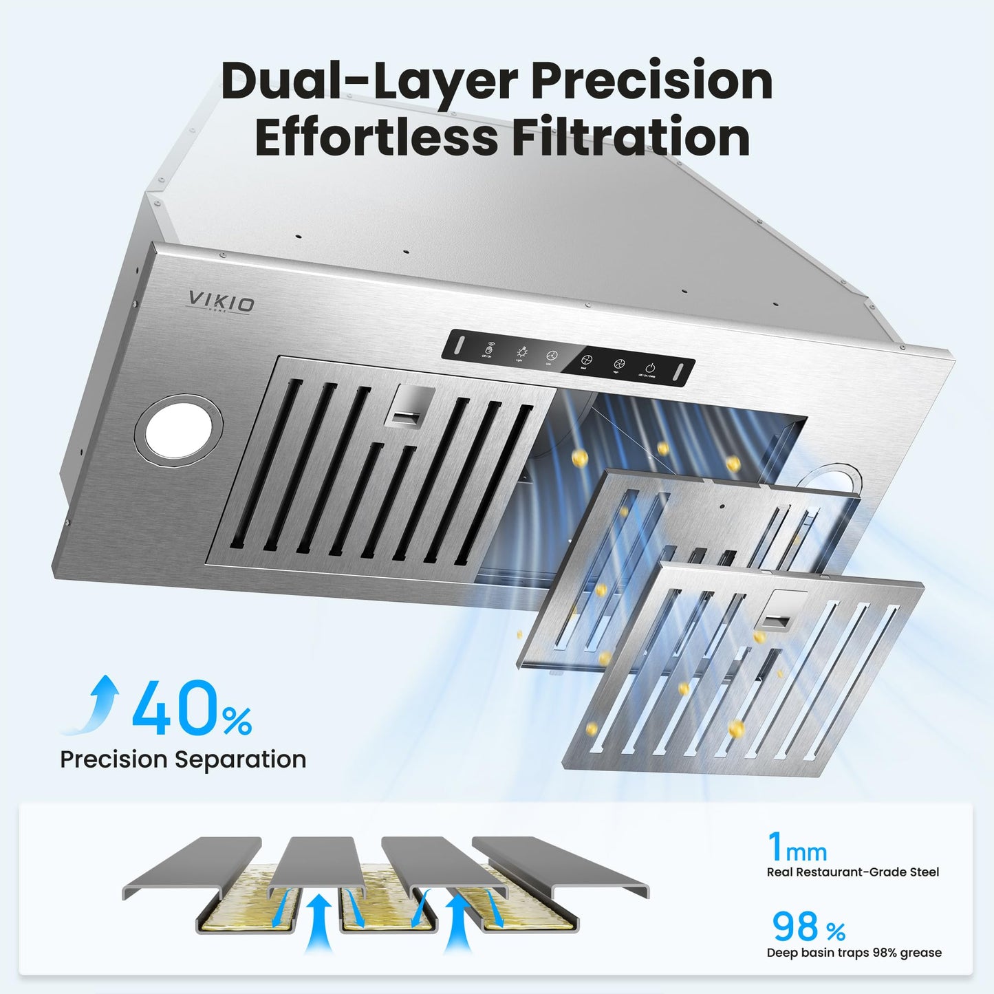VIKIO HOME Built-in/Insert Range Hood 30 Inch, 980 CFM Hood Vent for Kitchen, Ducted/Ductless Convertible Duct, Stainless Steel Kitchen Vent Hood with Gesture & Touch Control, 2 Baffle Filters