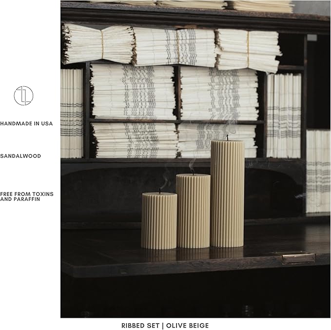 LAWA Roman Handmade Tall Ribbed Pillar Candle - Beautiful Scented Soy Wax Dinner Candle | Classic Aesthetic Decoration Set | Housewarming Gift | Home Room Shelf Decor Idea - Olive Beige (Set of 3)
