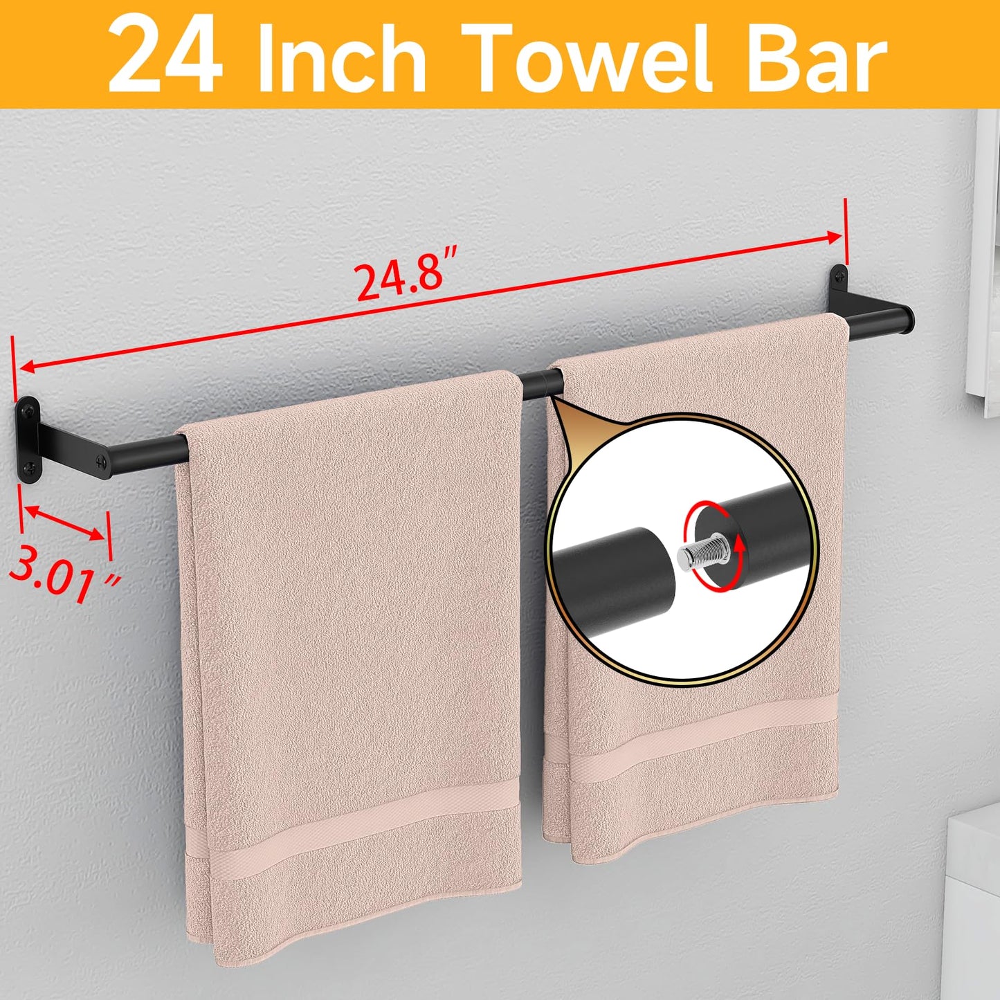 Towel Bar for Bathroom Wall, Black 24 Inch Single Towel Bar Rods for Bathroom, Stainless Steel Heavy Duty Towel Racks for Bathroom Wall Mounted