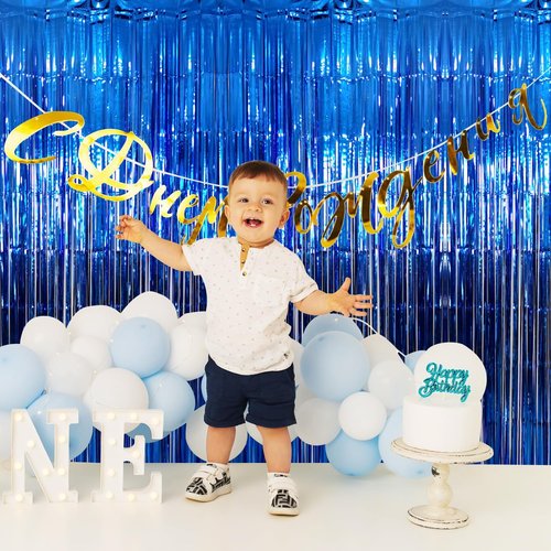 GOER Metallic Tinsel Foil Fringe Curtains - 3.2 ft x 9.8 ft Navy Blue Party Backdrop | Perfect for Birthdays, Graduations & Weddings