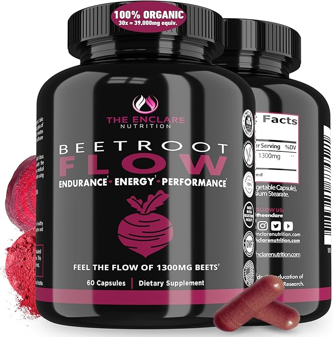 THE ENCLARE NUTRITION Beet Root Capsules 1300mg. Organic Beet Root Powder Capsules Support Heart Health, Blood Pressure, Brain, Energy. Beetroot Powder Nitric Oxide Supplements for Men & Women 60ct