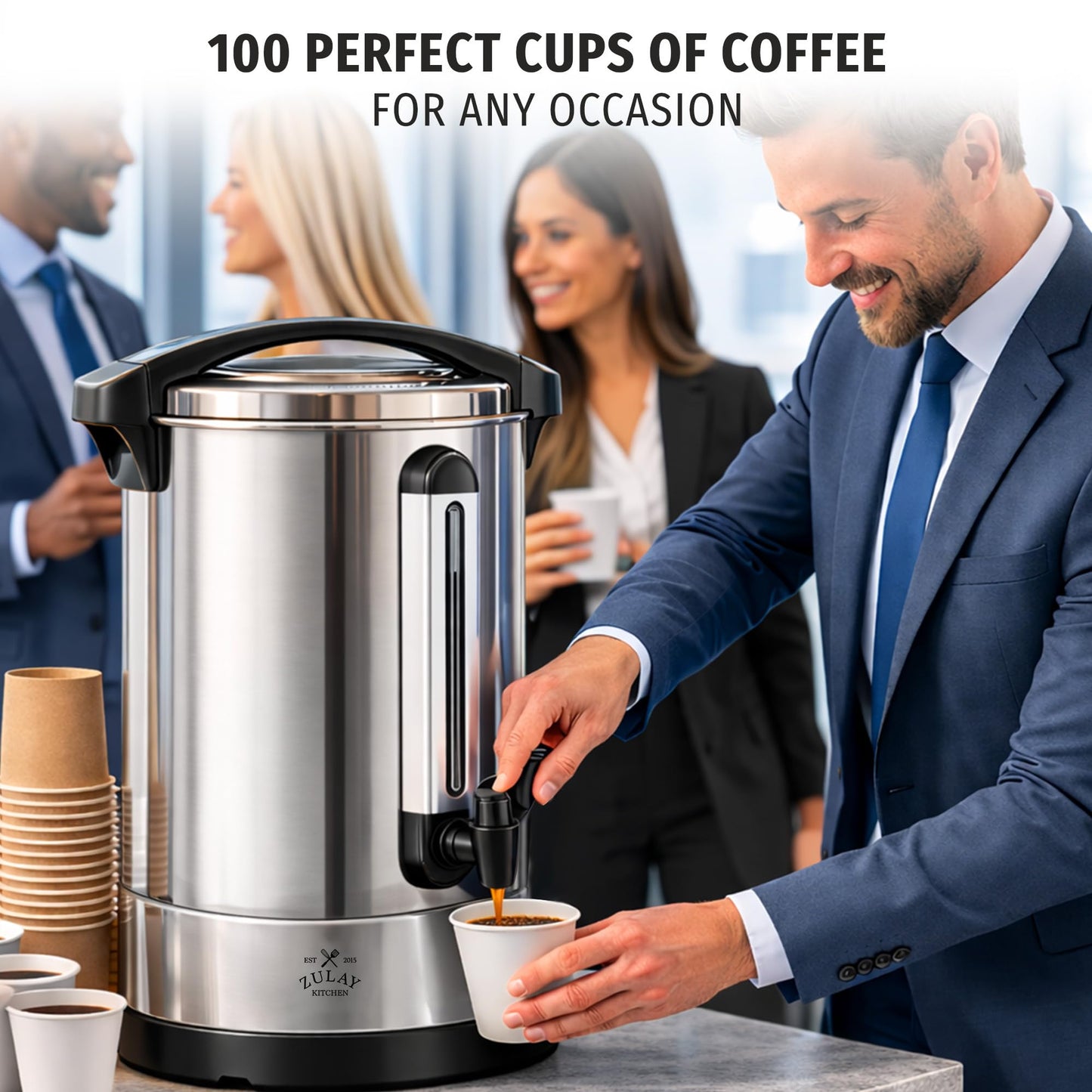 Zulay Commercial Grade 100 Cup Coffee Maker Hot Water Urn - Large Percolator Pot Dispenser With Double-Wall Stainless Steel, Quick Brew, Stays Hot for Tea & Beverage at Events & Catering - Silver
