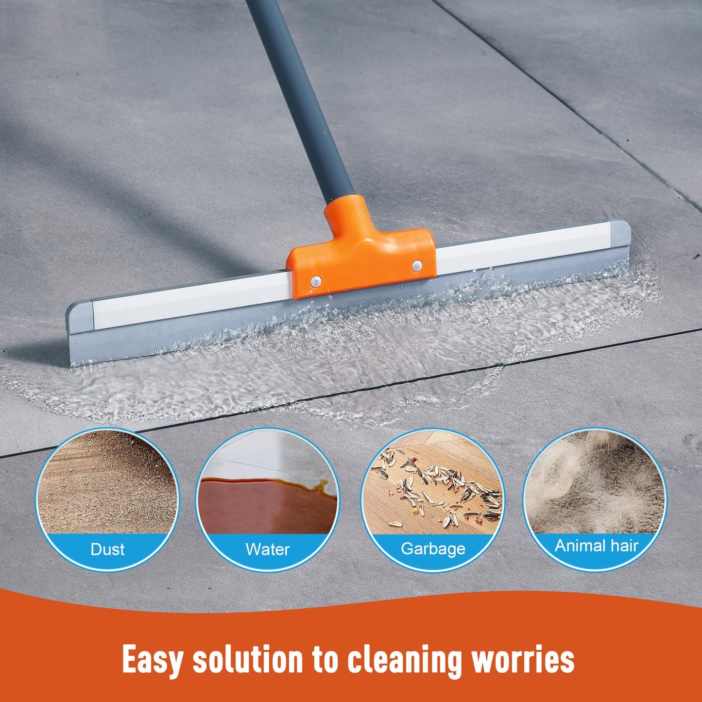 CLEANHOME Rubber Floor Squeegee for Concrete Floor, Tile Floor, Metal Aluminium Heavy Duty Garage Shower Floor Squeegee Broom for Removing Water, Commercial Scrubber Mop with Extendable Long Handle