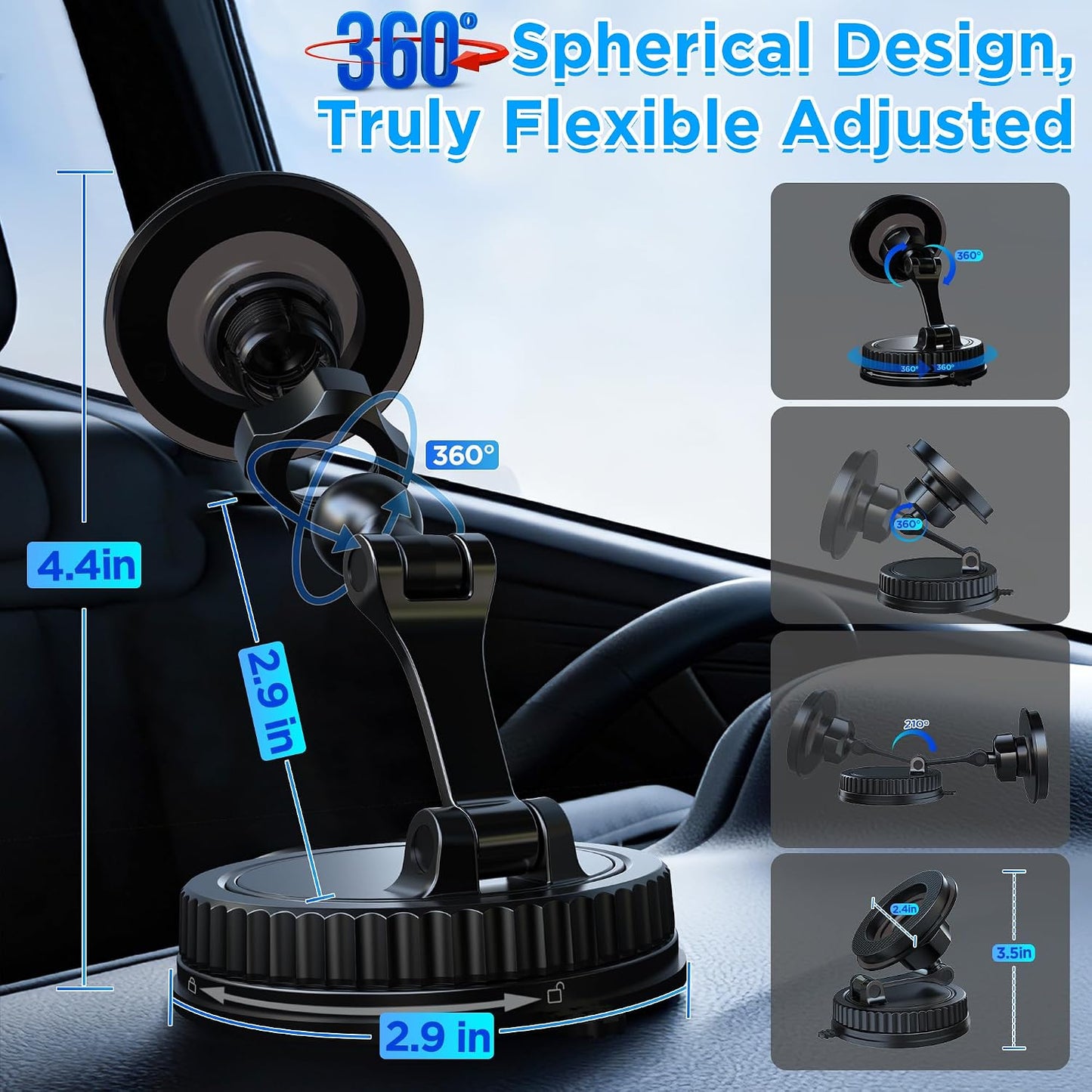 360 N52 Vacuum Magnetic Phone Holder for Car, Adjustable Suction Mount with Magnets, Magsafe Suction Cup Phone Mount