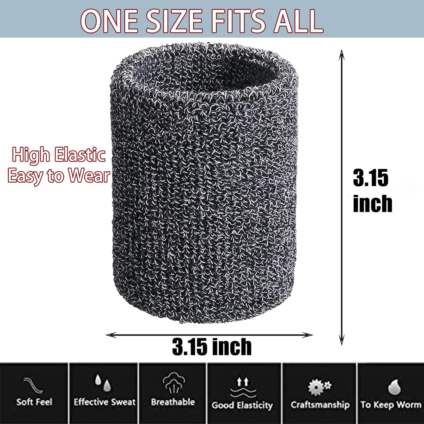 2 Pair Wrist Sweatbands Sports Wristbands for Men & Women, Stretchy & Sweat Absorbing Cotton Terry Cloth Wristband for Football Basketball, Running (Grey)