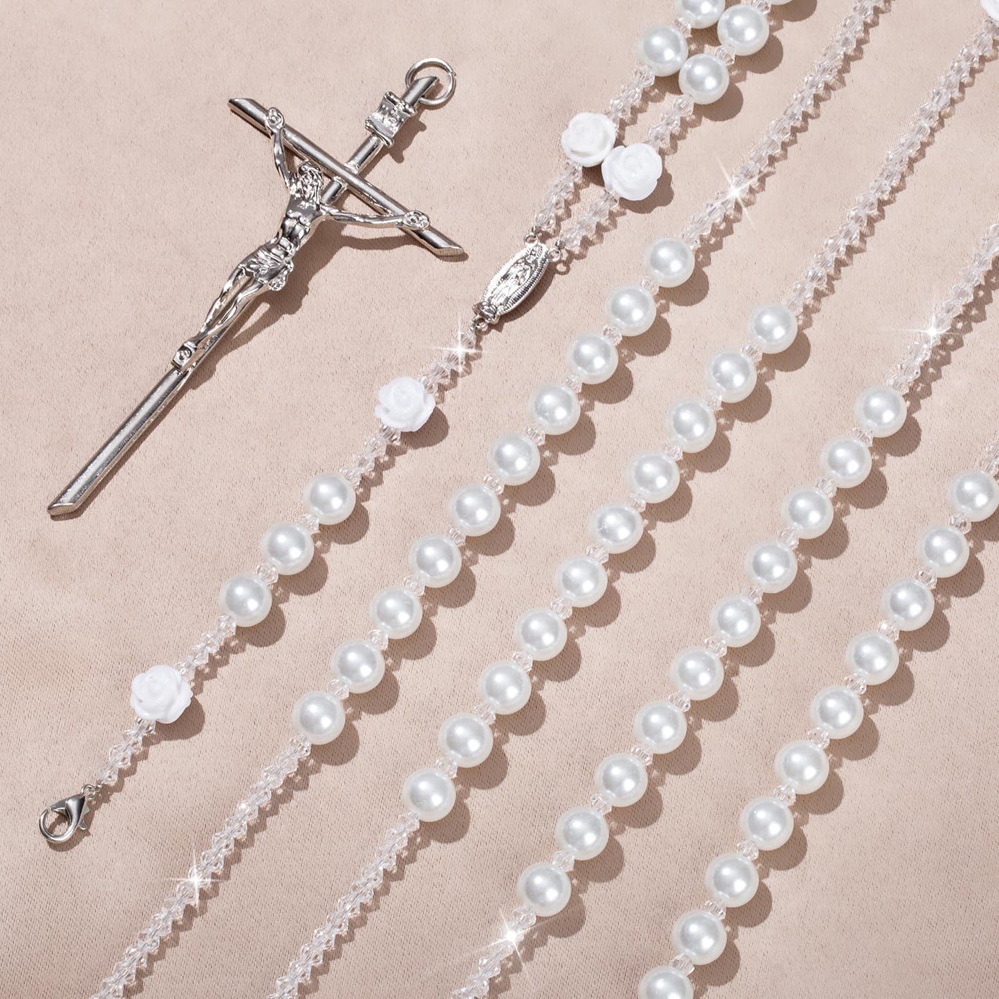 FUNPAR Lazo Para Boda, Pearl Wedding Lasso for Ceremony Catholic Gift, Rosario Lazos Para Boda Catolica, Lazo De Bodas Para Los Novios, Lasso for Wedding Ceremony, Wedding Pearl Rosary(Silver)
