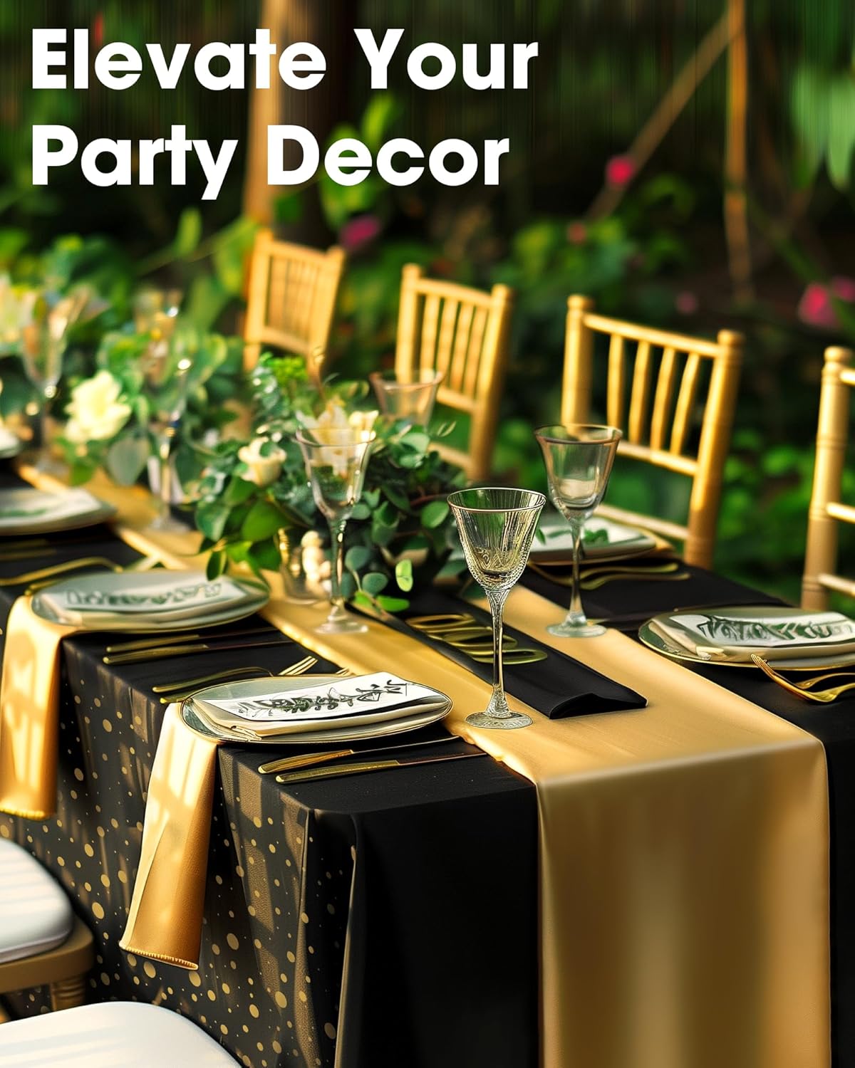 Niuara Table Cloth Set - Black and Gold Disposable Rectangle Table Covers | 3 Tablecloths + 3 Runners for Events