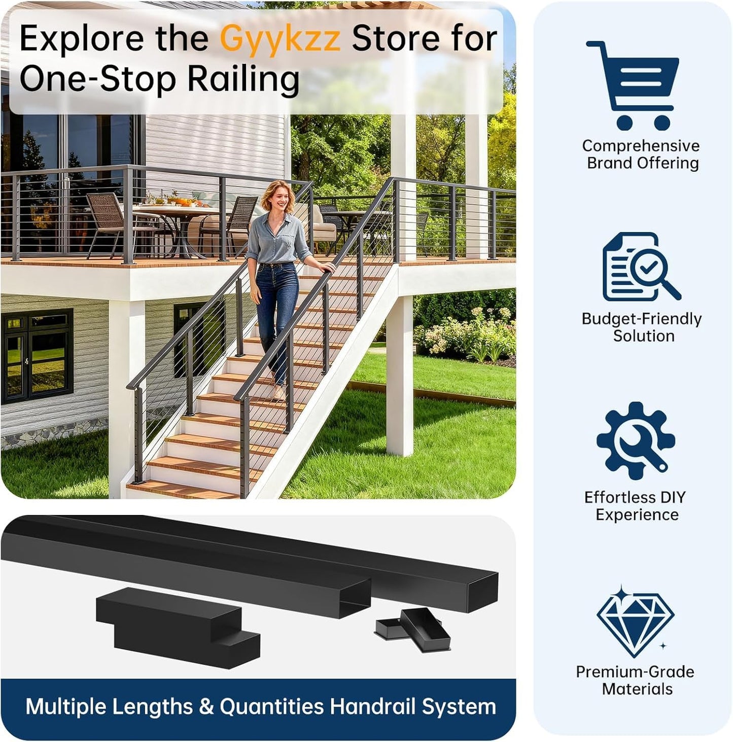 Gyykzz 6FT Stainless Steel T304 Handrail Black with POM Connector, 4 Pack Rectangular Cable Railing Handrail Flat Deck Top Rail with SS304 End Caps for Indoor Outdoor Deck Stair Cable Railing System