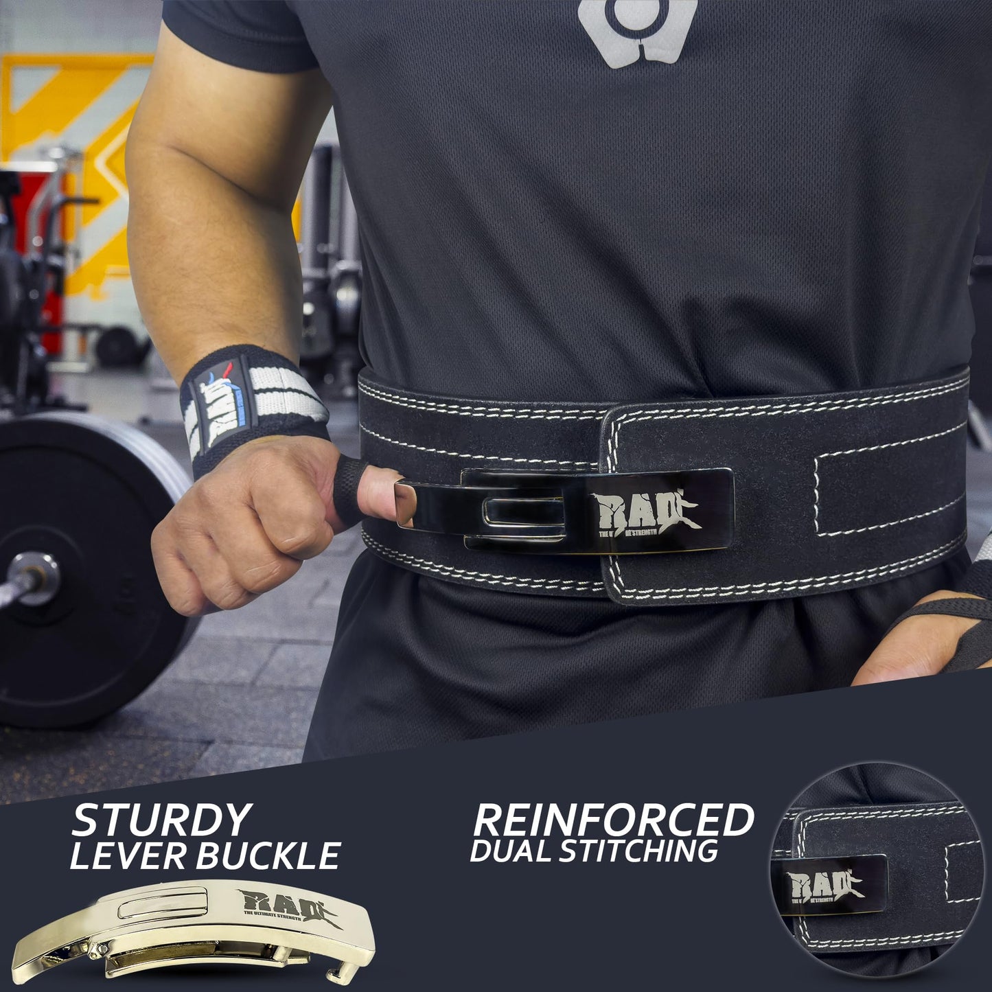 RAD Lever Weight Lifting Gym Belt for Men & Women, Size 25-42 Inches, Thick 10MM & Width 4 Inch, Jet Black Leather