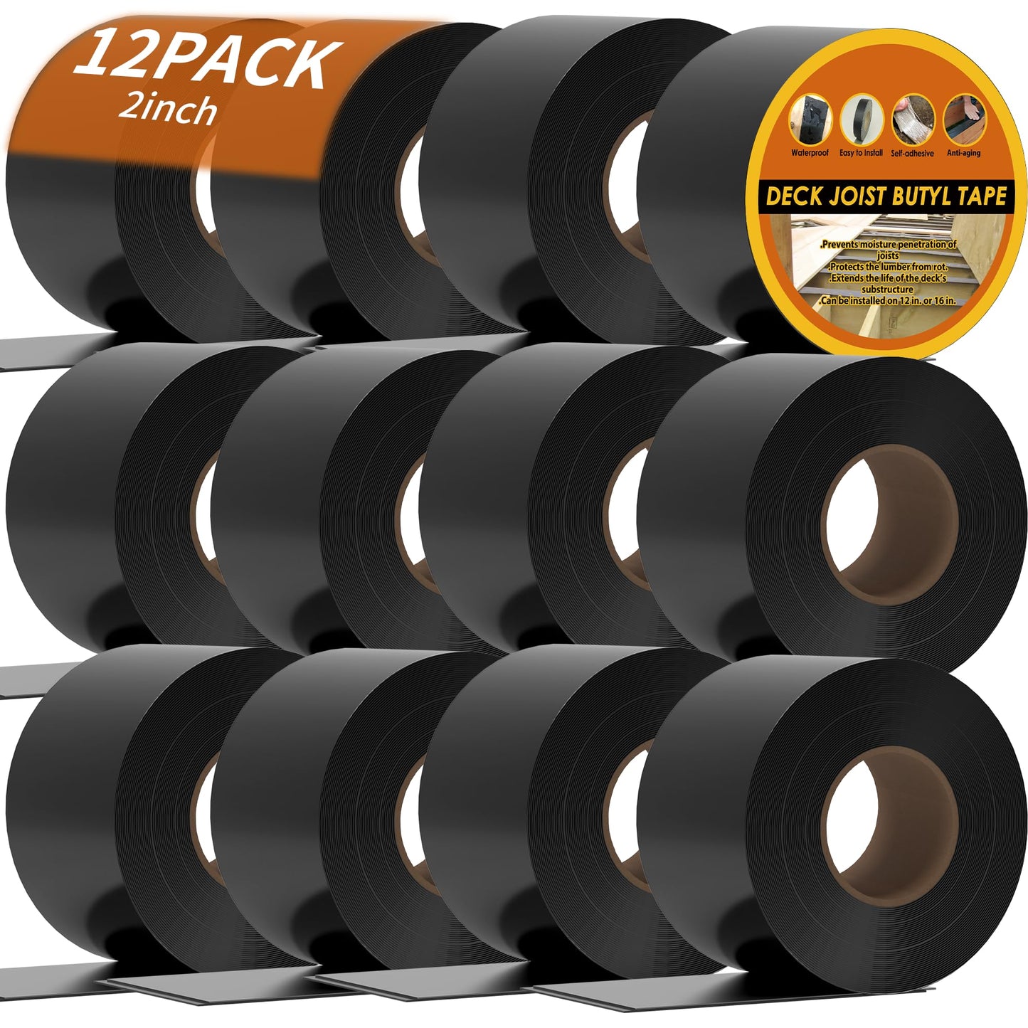 JOAPRIL 12 Pack Butyl Sealant Tape 2" x 50', Deck Joist Tape for Decking, Waterproof and Anti-Corrosion for Extend Deck Life