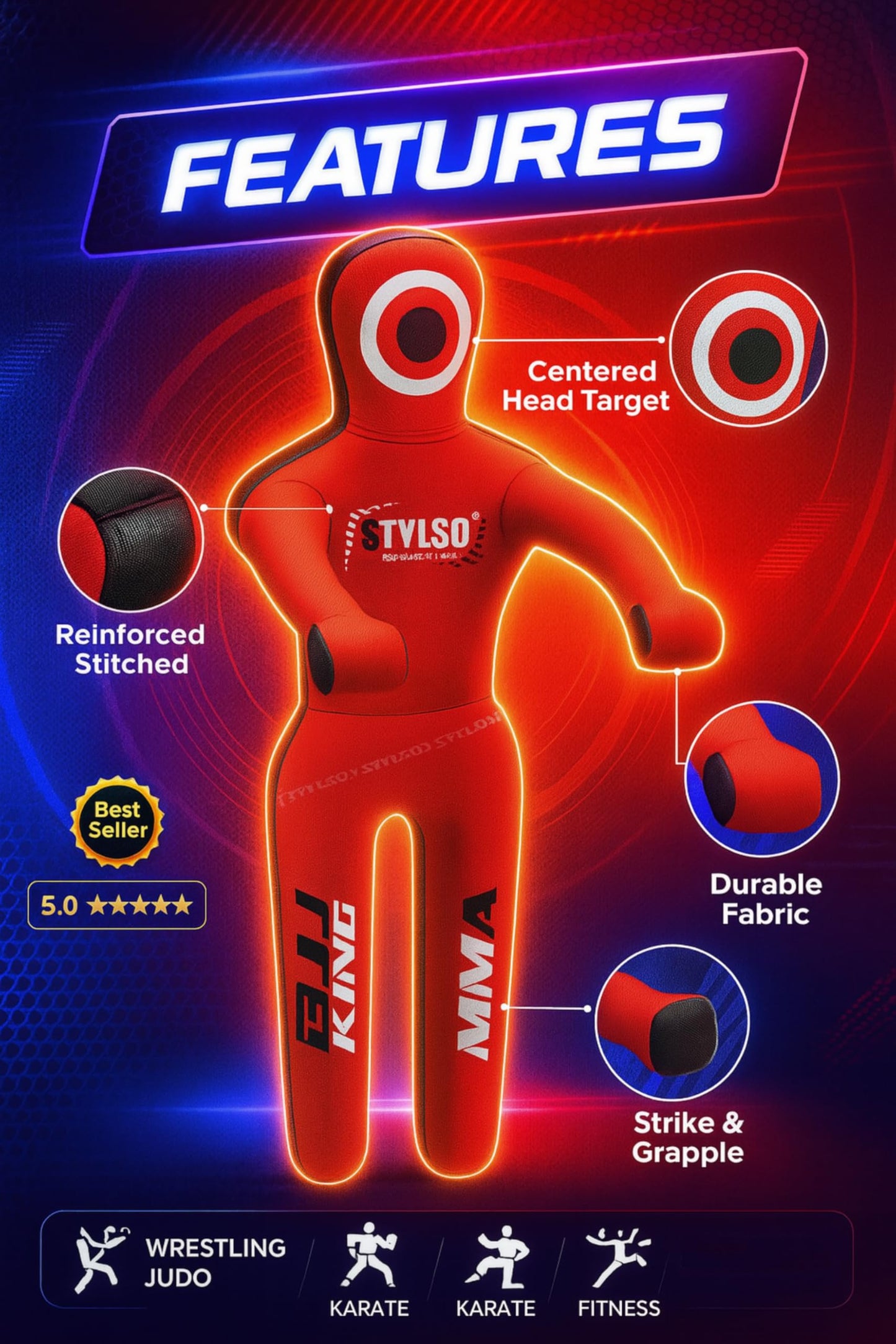 Unfilled Grappling Dummy – Adult Life Size Wrestling & BJJ Training Dummy, MMA Jiu Jitsu Judo Takedown & Throwing Practice, Heavy-Duty Triple-Stitched Canvas Submission Dummy (Red, 5ft / 60")
