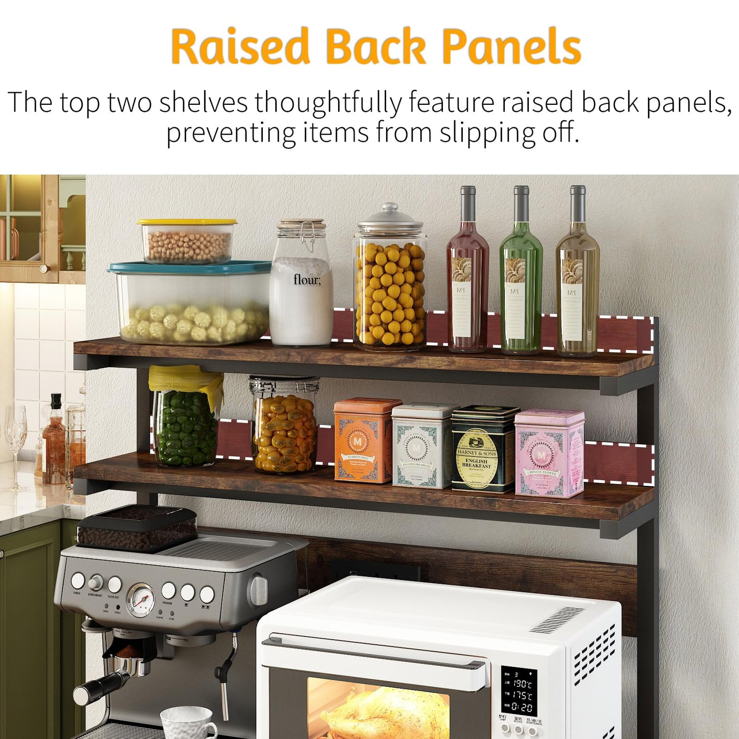 METYERRY Adjustable Bakers Rack with Power Outlet,Coffee Bar Station with Led Lights,Microwave Stand with Storage,5-Tier Kitchen Shelf,Kitchen Storage Rack for Spices, Pots and Pans,Rustic Brown