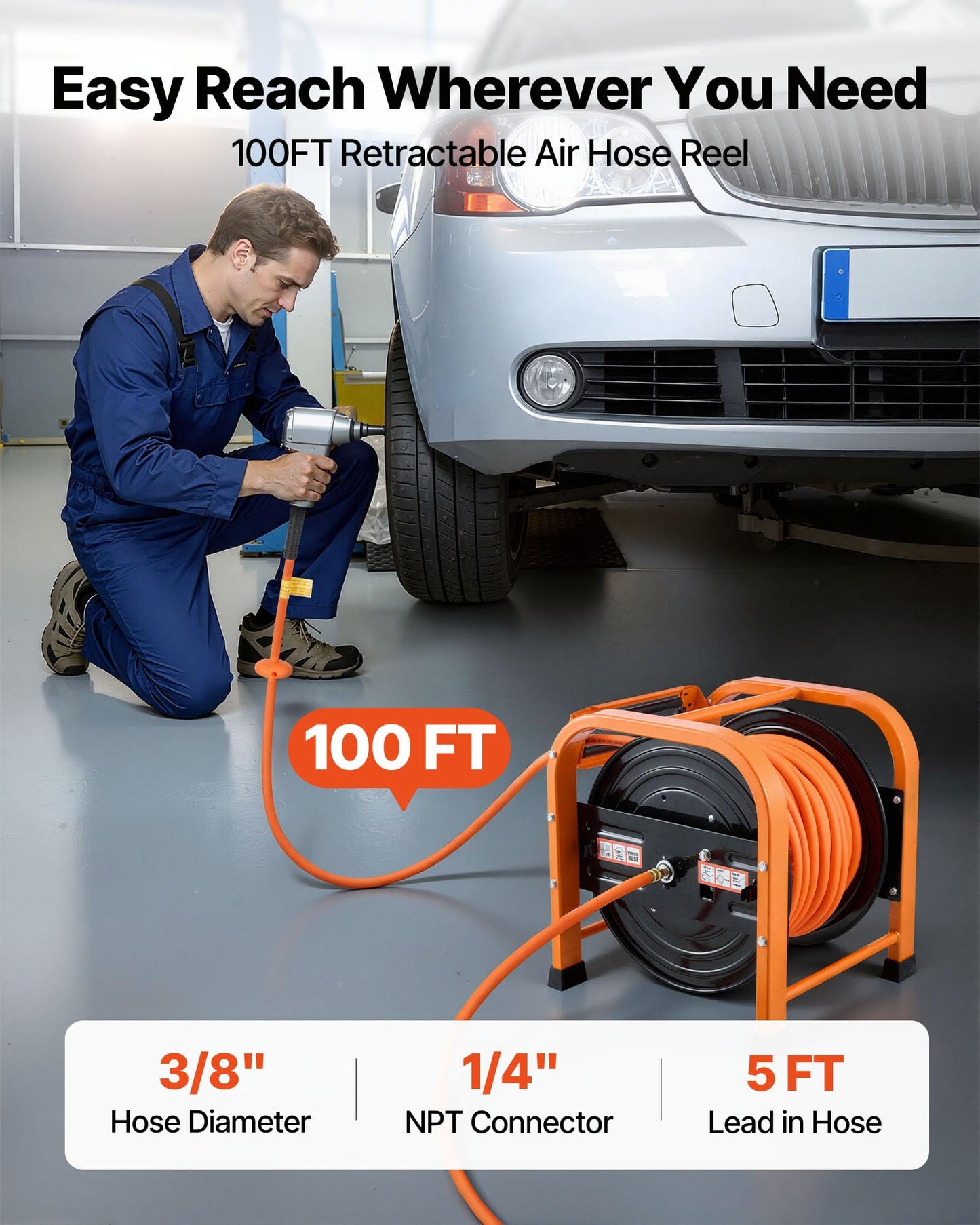 VEVOR Retractable Air Hose Reel, 3/8 Inch x 100 FT PVC Air Hose Max 300PSI, Auto Rewind Air-Compressor Hoses Reel with 5 ft Lead in, Portable Freestanding Heavy Duty Steel Reel for Garages Workshops