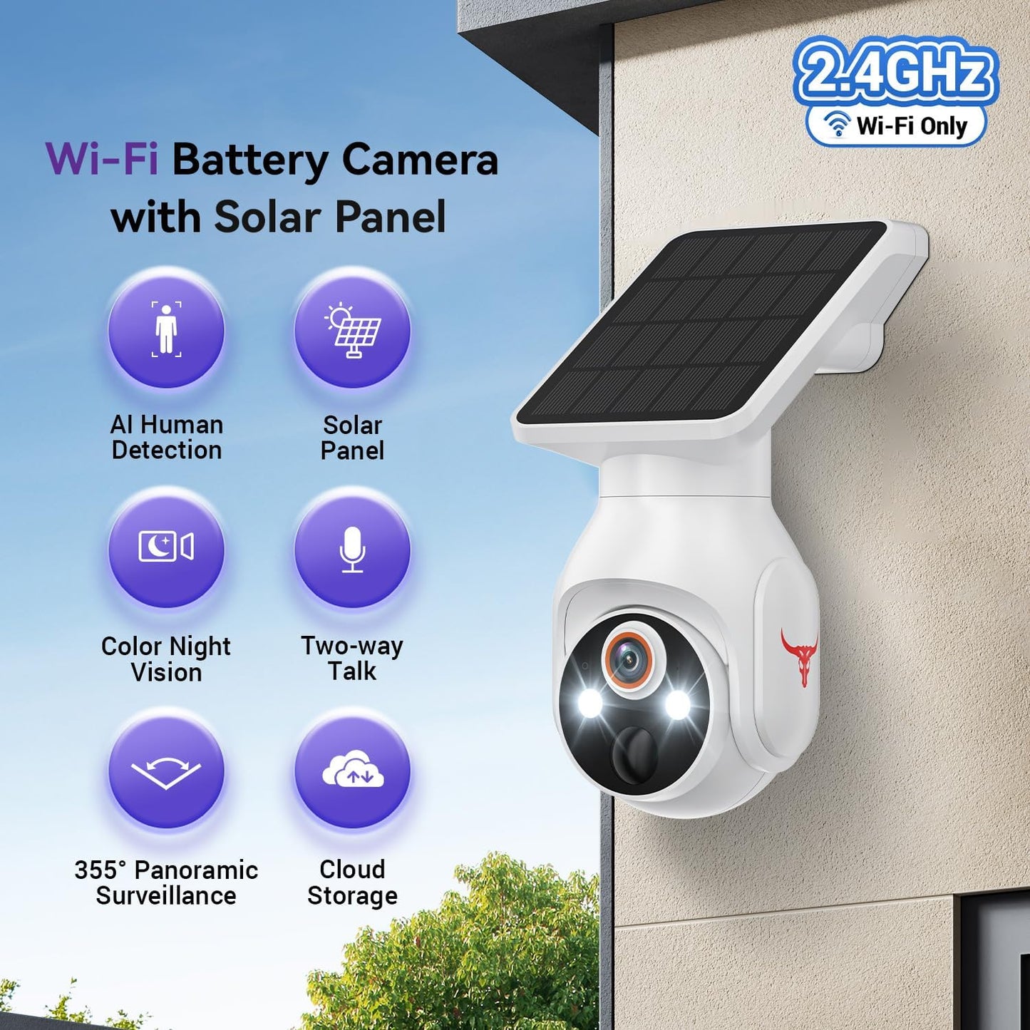 MeshSear 1080P 360 2-Way 2.4Ghz Solar Security Cameras Wireless Outdoor, View Pan/Tilt, Color Night Vision, Easy