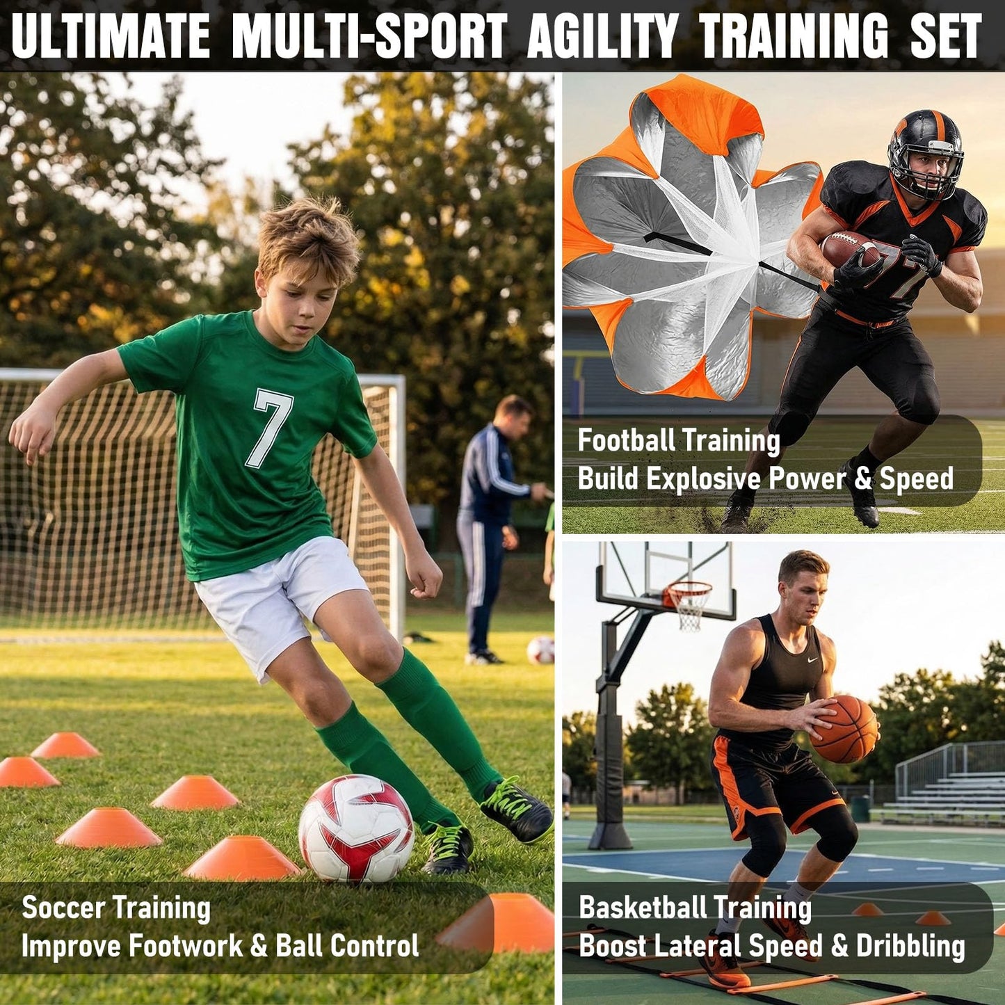 MUROZA Agility Ladder, Agility Speed Training Equipment Set, 20ft Speed Ladder, 12 Soccer Cones, 4 Hurdles, Jump Rope, Running Parachute, Soccer Football Basketball Training Equipment Accessories