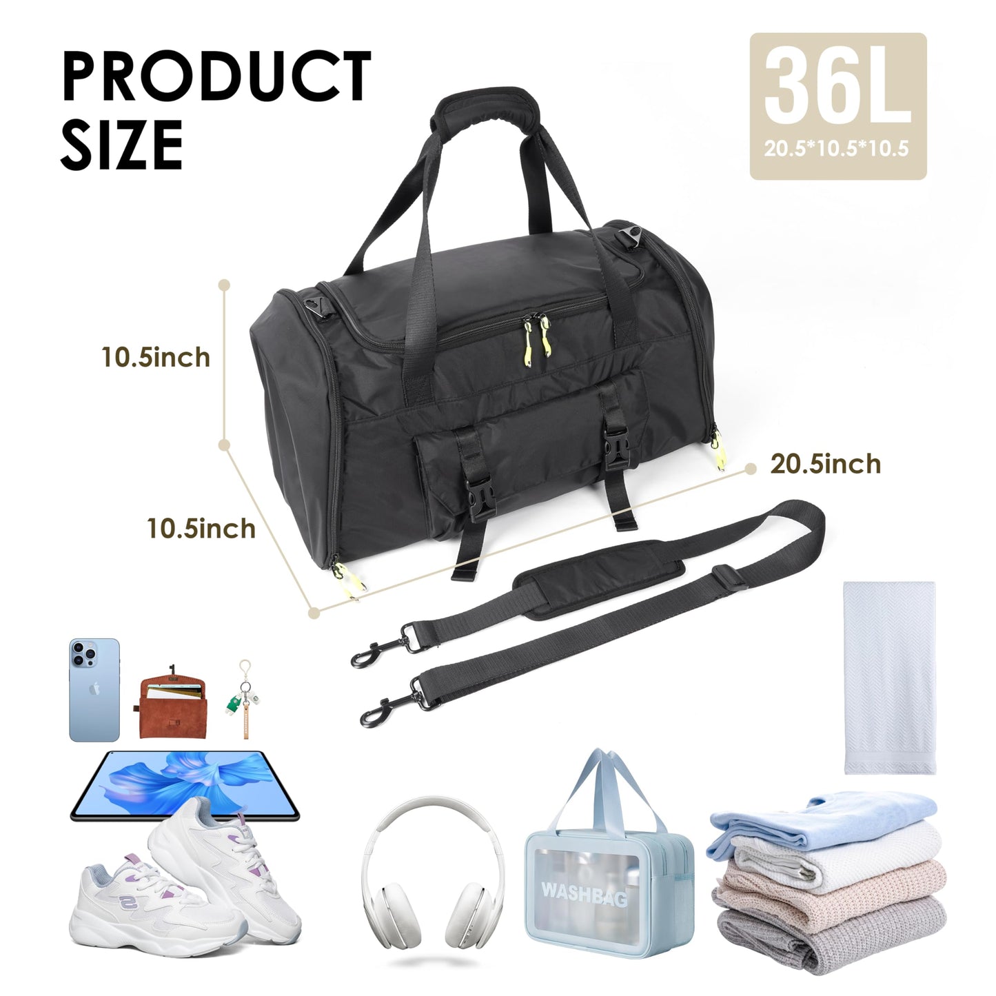 MOYSOON Small Gym Bag for Men & Women - Duffle Bag with Shoe Compartment, Multiple Pockets, Wet/Dry Compartment | Perfect for Travel, Fitness, Workout, Sports (Black)