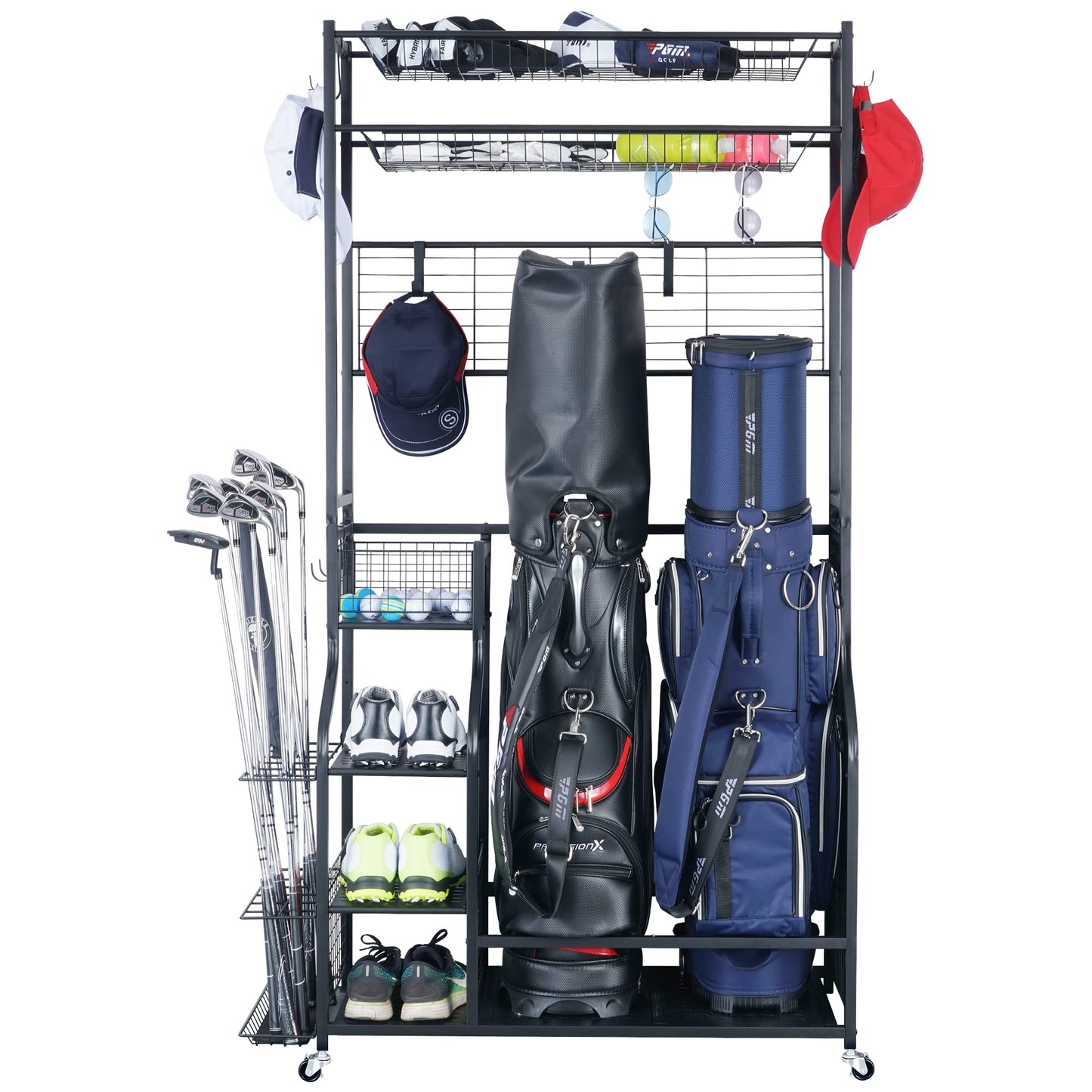 Mythinglogic Golf Club Storage Rack - 2 Golf Bags Stand and Golfing Equipment Accessories Storage Organizer with 4 Removable Hooks, Metal Black Golf Rack for Garage