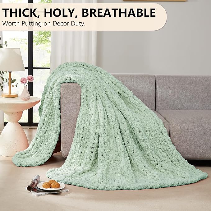 L'AGRATY Chunky Knit Blanket Throw: 60''x80'' Chenille Chunky Knitted Throw Blanket for Bed Couch - Handmade Thick Big Cable Knit Blanket - Large Crochet Rope Blankets for Home Decor(Milky Green)