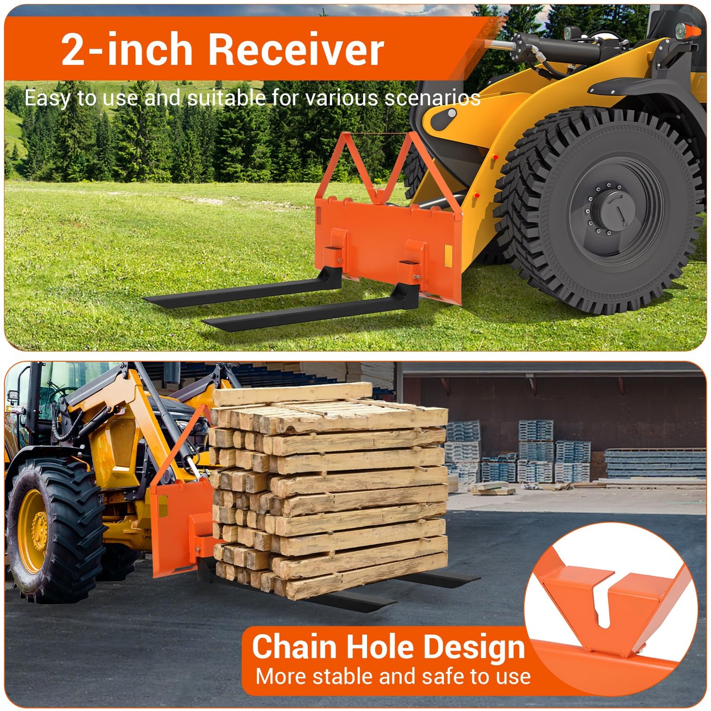 GarveeTech 46 in Skid Steer Pallet Forks, Heavy Duty 3200 LBS Capacity Skid Steer Forks Attachment for Tractors and Loaders, Quick Attach Mount, Orange