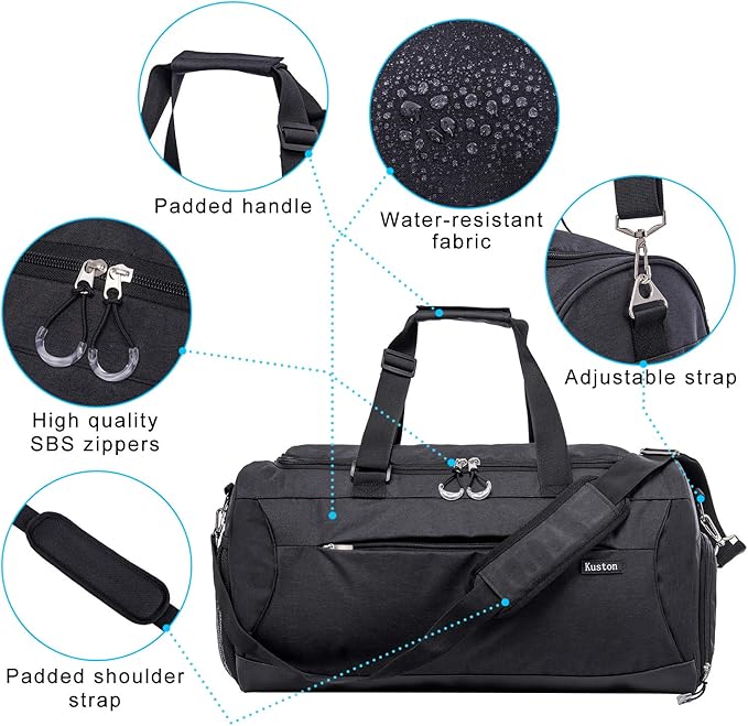 Kuston Sports Gym Bag with Shoes Compartment &Wet Pocket Gym Duffel Bag Overnight Bag for Men and Women