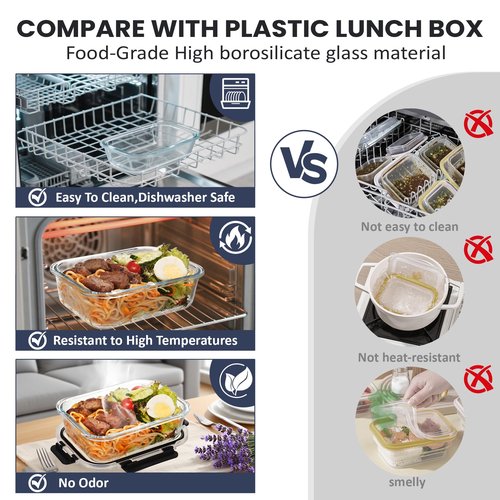 HOTEC 35OZ Glass Food Storage Container, Airtight Glass Lunch Fruit Containers with Lids - Microwave, Oven, Freezer and Dishwasher Safe, 2-PACK