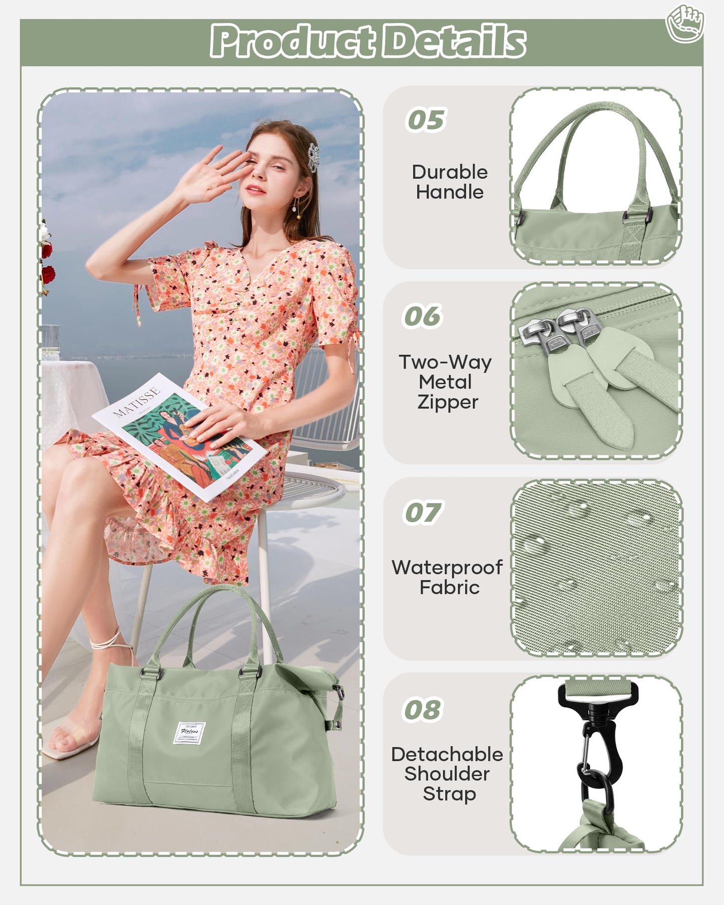 Travel Duffel Bags for Women Mens Waterproof Weekender Carry on Bag Sports Gym Bag Travel Tote Bags with Wet Pocket Overnight Bag Workout Duffel Bags with Trolley Sleeve Grey Green