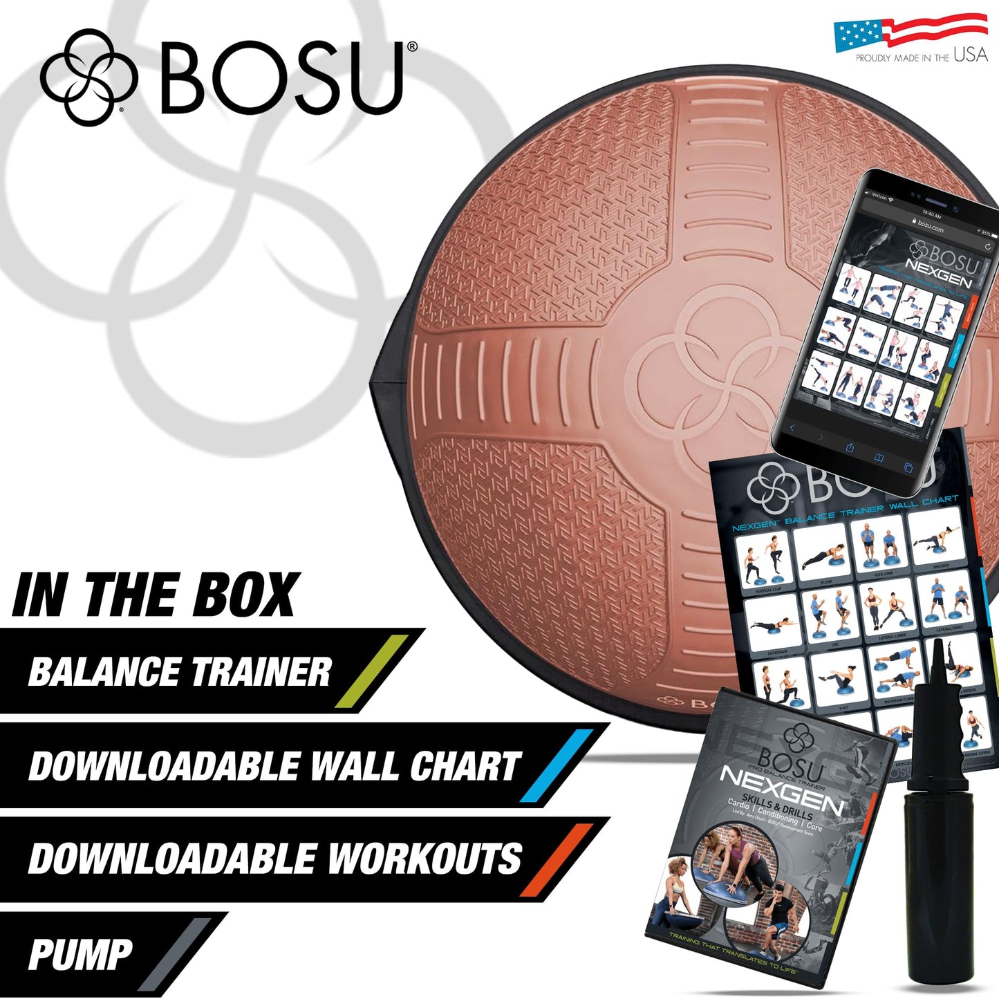 Bosu NEXGEN Balance Strength Trainer, Multi-Functional 26" Exercise Ball, Home Gym Equipment for Full Body Workouts, Rose Gold with Gray Rim