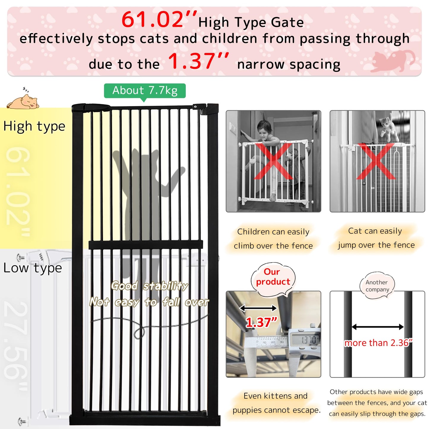 Lumizone Extra Tall Cat Gate 61.02" High Pressure Mounted Extra Wide 63.39"-67.32" (17Sizes) 1.37" Gap No Drilling Auto-Close Tall Pet Gate for Dogs (Black, 63.39"-67.32" W)